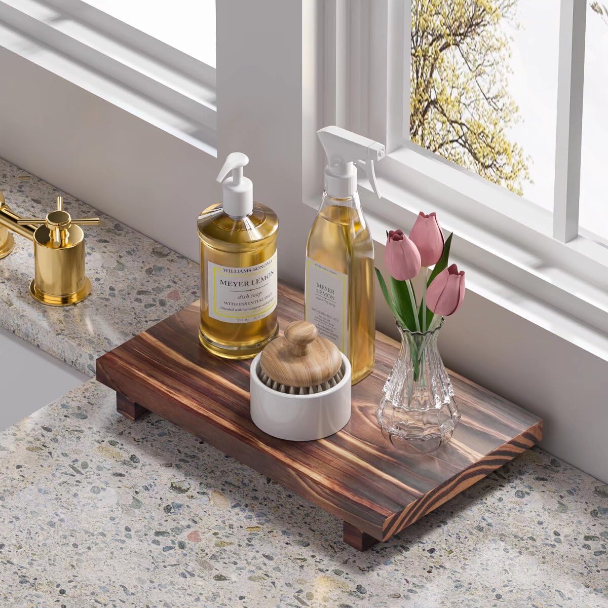 Greatseas Kitchen Soap Tray Decor, Bamboo Pedestal Stand Risers For Display, Rustic Brown Sink Tray For Kitchen Decor And Access