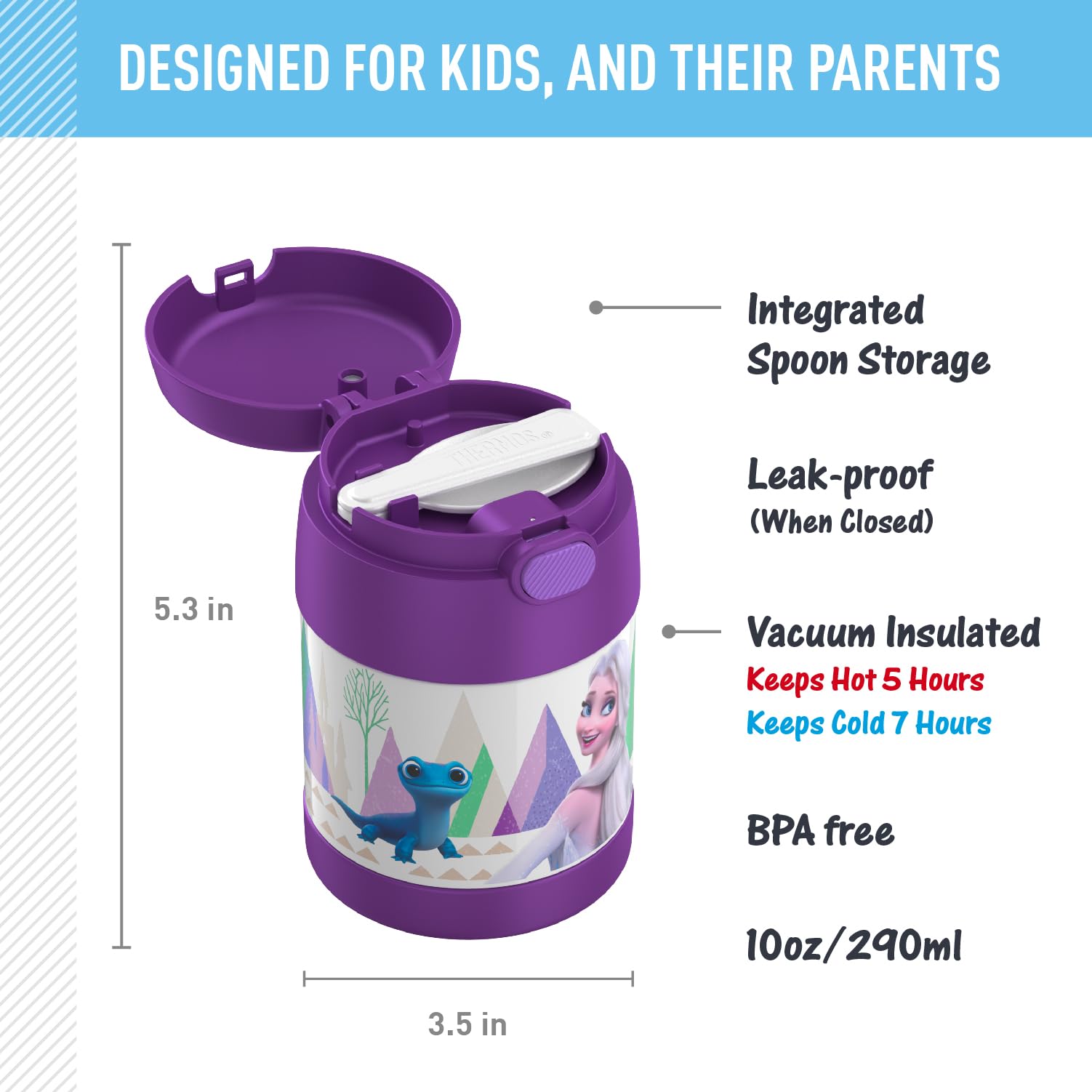 Thermostat Kids Vacuum Insulated Food Jar With Spoon, 10 Ounce, Stainless Steel, Frozen 2