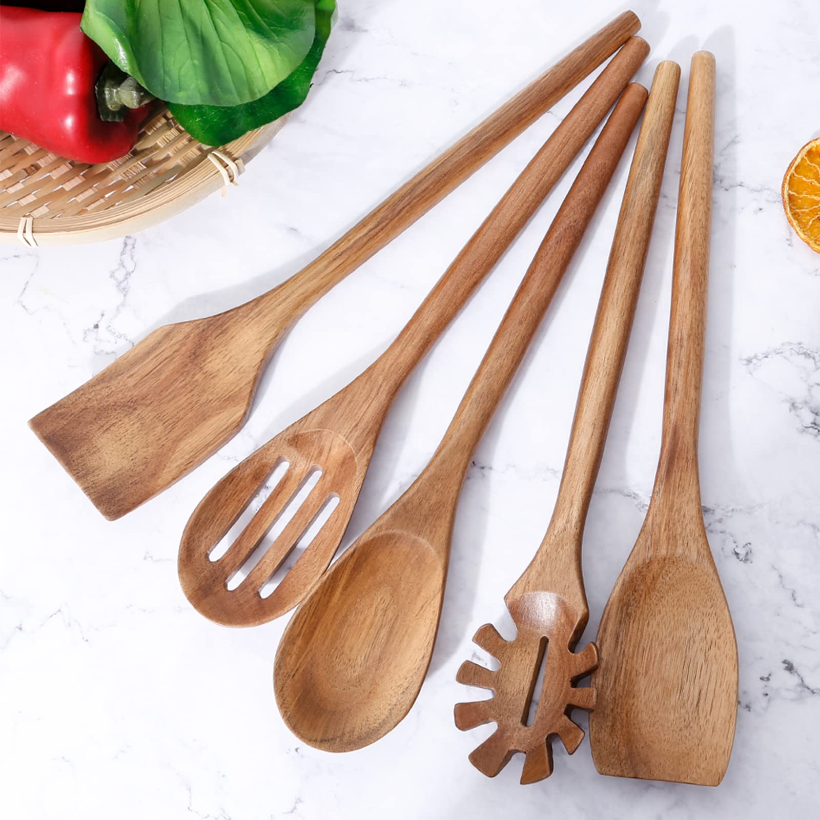 Exquisite Wooden Cooking Utensils For Kitchen, Set Of 5, 12 Inch Acacia Wood Kitchenware Tool Set, Cooking Gadgets Includes Spoo