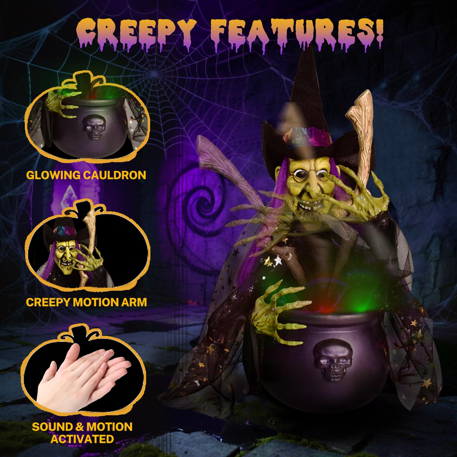 Halloween Decorations, 1.4 ft. Animated Witches with Light Cauldron Decoration, Touch and Sound Activated, Haunted House Witch P