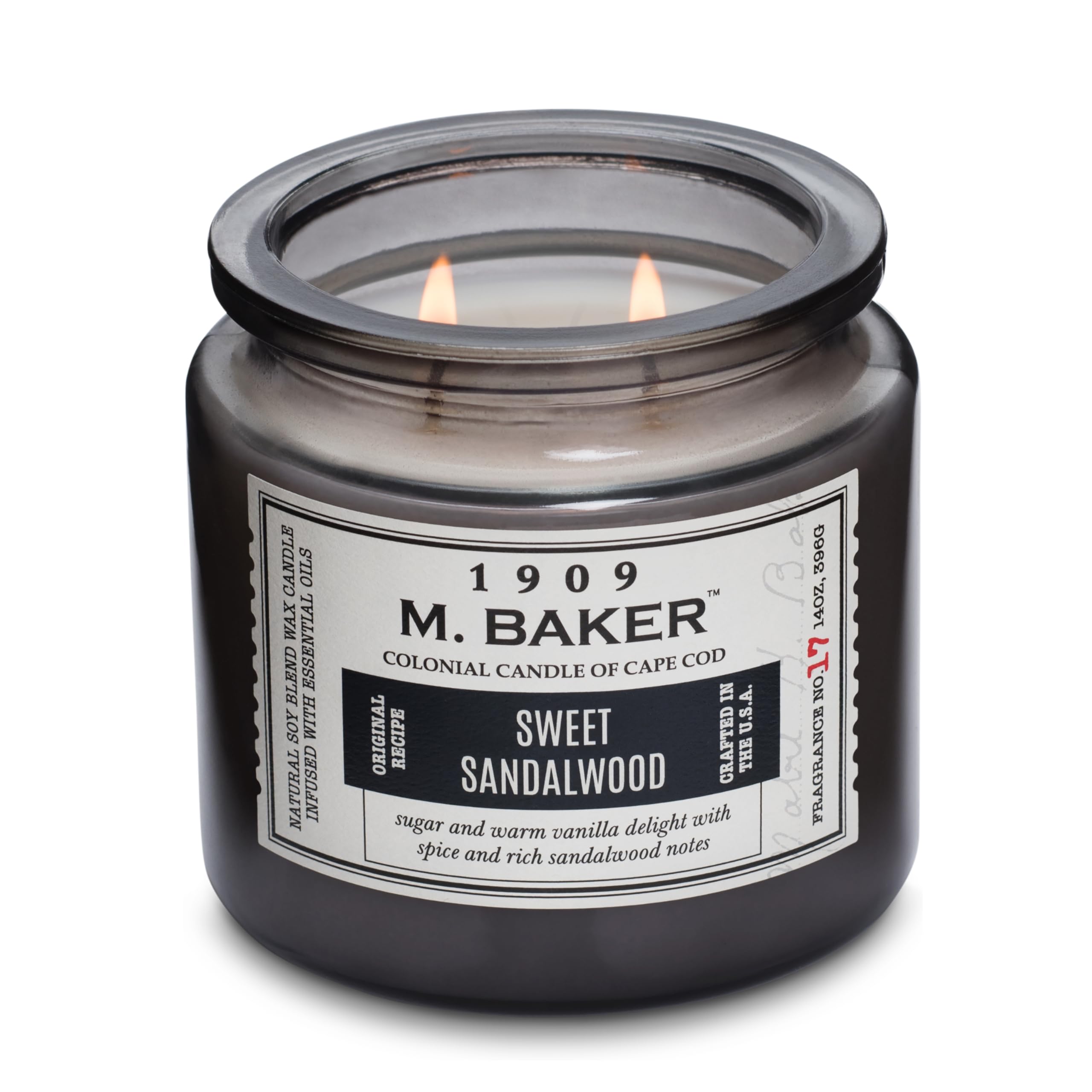 M. Baker by Colonial Candle Scented Apothecary Glass Jar Candle, Sweet Sandalwood, Natural Soy Wax Blend, 14 Oz, Two Premium Cot