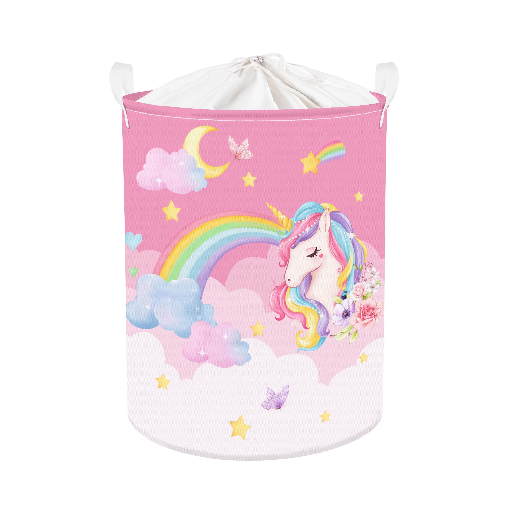 Clastyle 63L Unicorn Rainbow Collapsible Laundry Basket Large Pink Dirty Clothes Hamper For Girl Moon Star Flower Toy Storage Ba