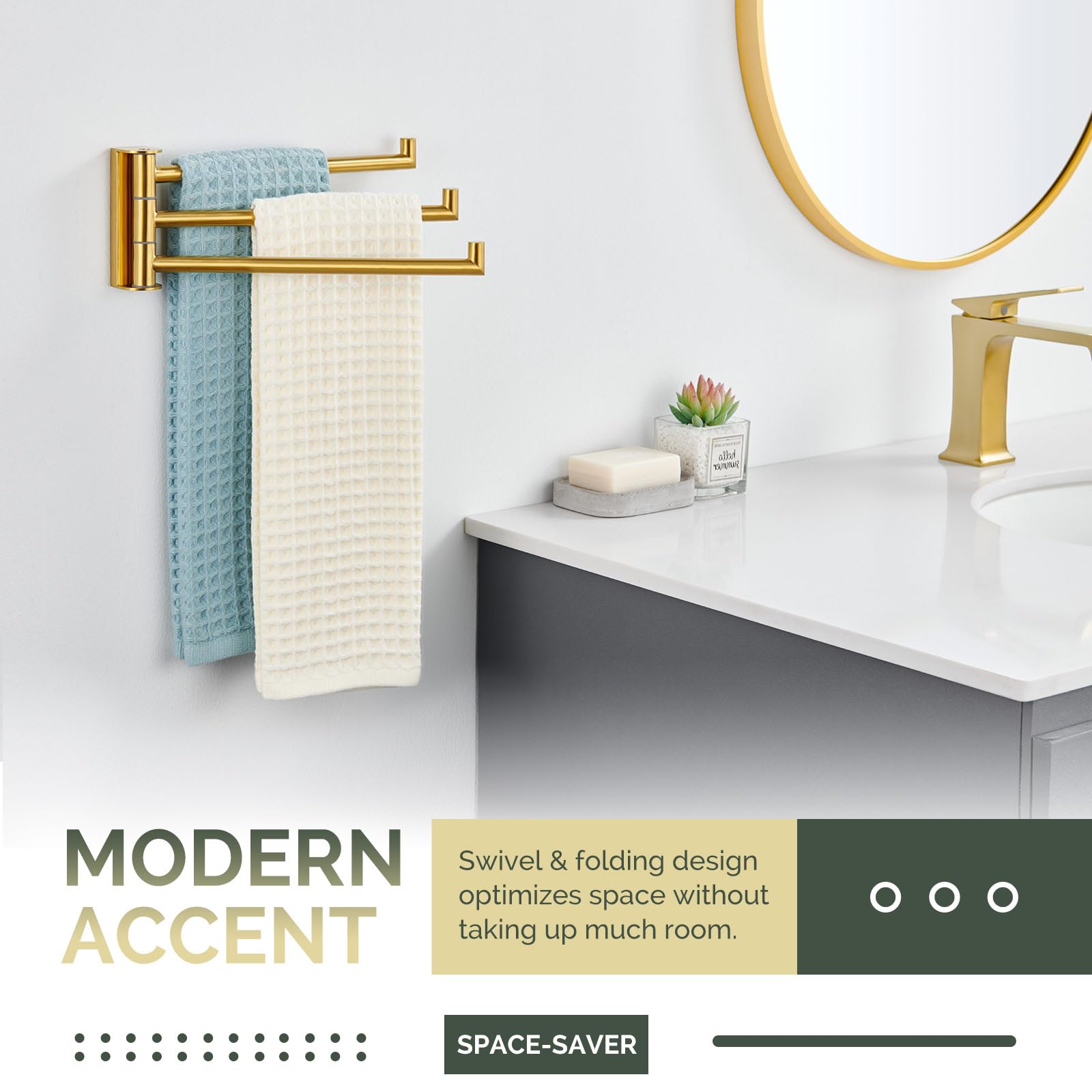 Angle Simple Hand Towel Holder 3 Bars, 304 Stainless Steel Swivel Bathroom Towel Bar, Folding Face Towel Rack Brushed Gold