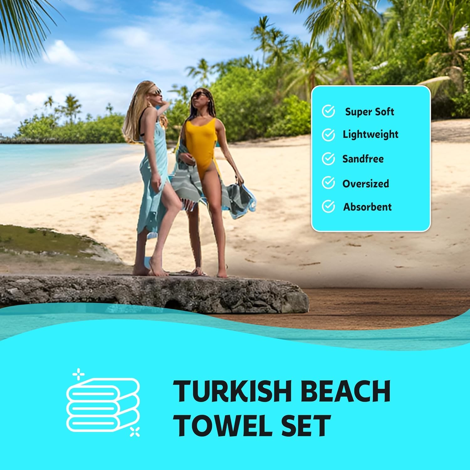 HAVLULAND Set of 4 Turkish Beach Towel 100% Cotton Oversized 71x39 Turkish Bath Towels Sand Free Beach Towels Lightweight Absorbent Quick-Dry Picnic Outdoor Yoga Camping Travel Beach Blanket