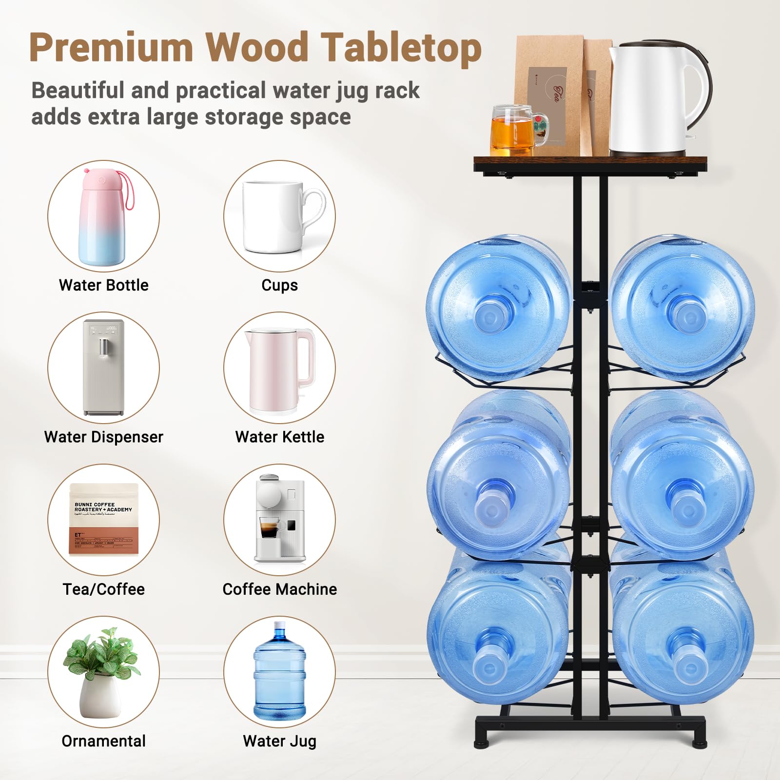 Carod 5 Gallon Water Jug Holder, Heavy Duty Water Jug Stand With Storage Shelves, 3-Tier Foldable 5 Gallon Water Bottle Holder W