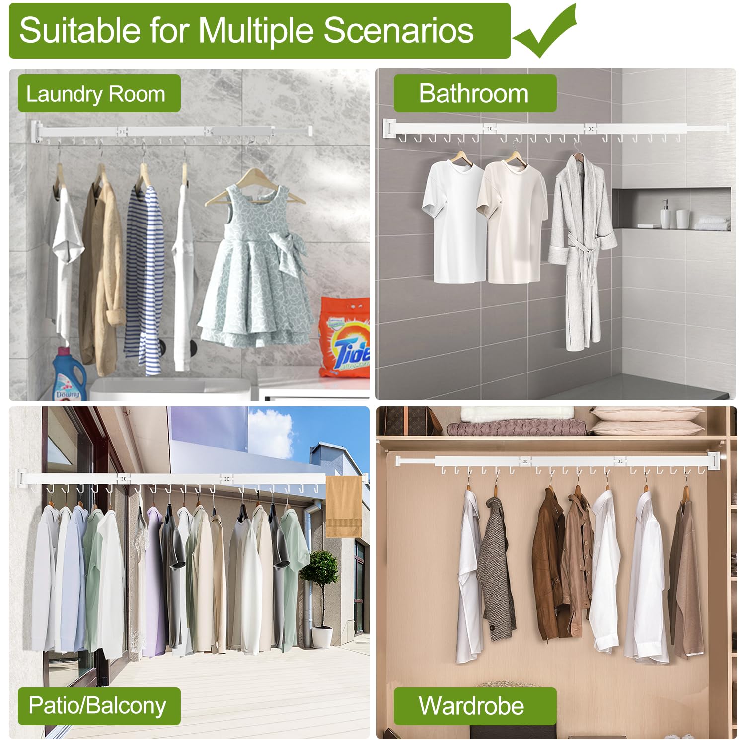 Kelisiting Retractable Clothes Drying Rack 2 Fold White-Laundry Drying Rack Space Saver Foldable Durable for Laundry Balcony Bathroom Patio Dormitory Apartment
