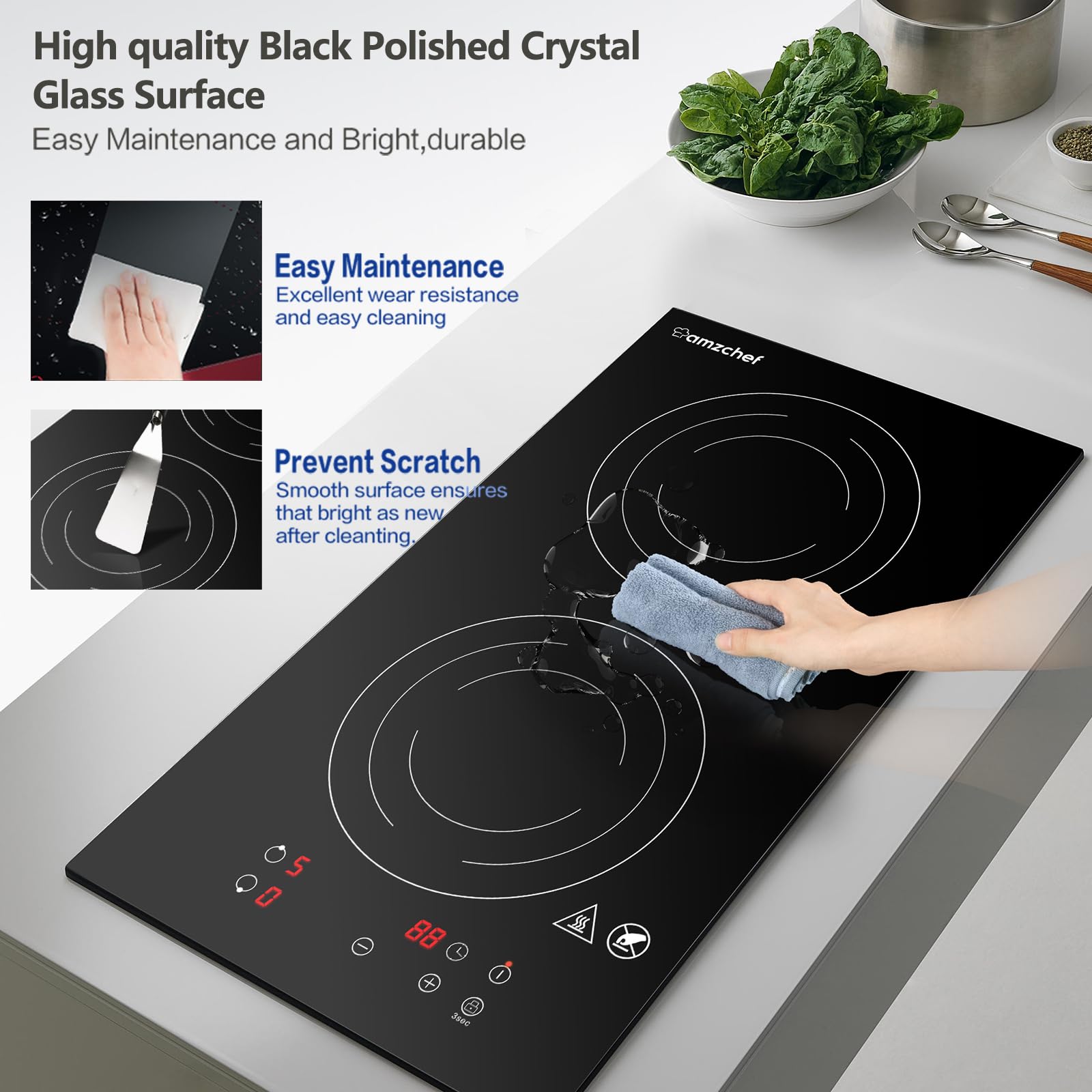 AMZCHEF Electric Induction Cooktop 2 Burners 12'' Electric Stove Top with Plug 1800W  120V  9 Power Levels  Child lock  Timer  Touch Control  Induction Stove for Fast Cooking  Bulit-in&Countertop