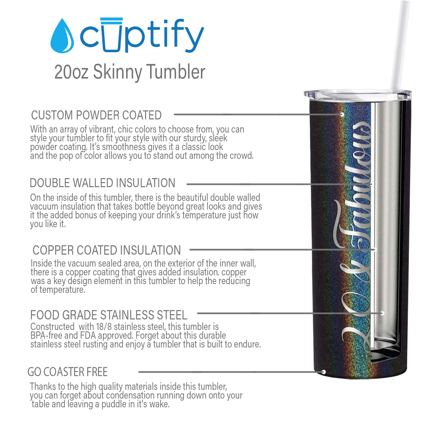 20 & Fabulous 20 Oz Skinny Tumbler 20Th Birthday Gifts For Women On Black Glitter Decorations Funny Present Vacuum Insulated Cup