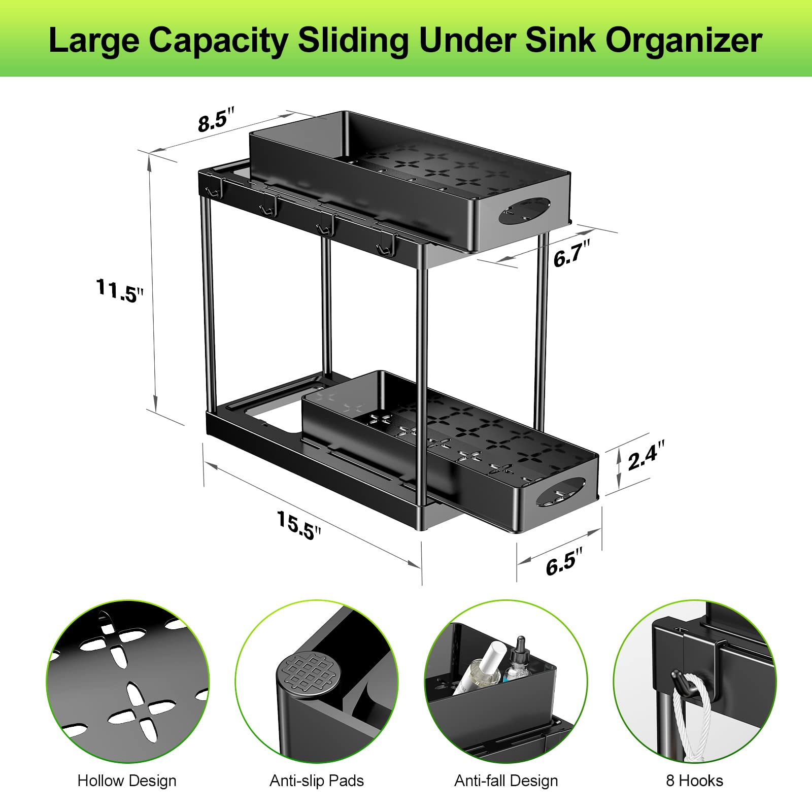 Under Sink Organizer And Storage, 2 Tier Under Sink Organizer With Sliding Pull Out Drawer For Kitchen Bathroom Cabinet Shelf Ba