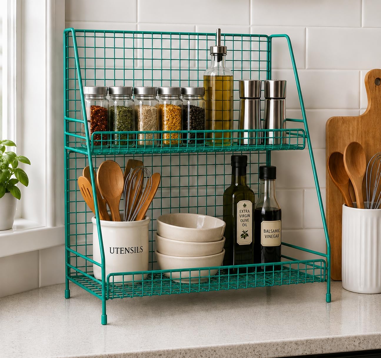 15 West 62494 Space Saving Yellow 2Tier Organizer Rack, Wire Basket Storage Container Countertop Shelf For Kitchenware Bathroom