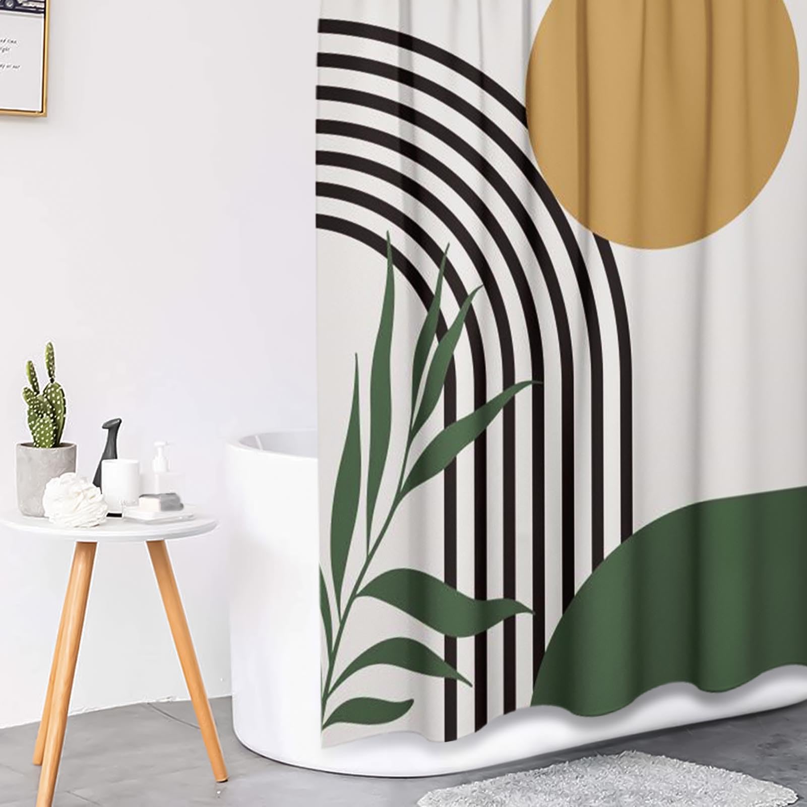 Tayney Boho Mid Century Shower Curtain Set With Toilet Lid Cover And Non-Slip Rugs, Abstract Green 4 Pcs Modern Minimalist Showe
