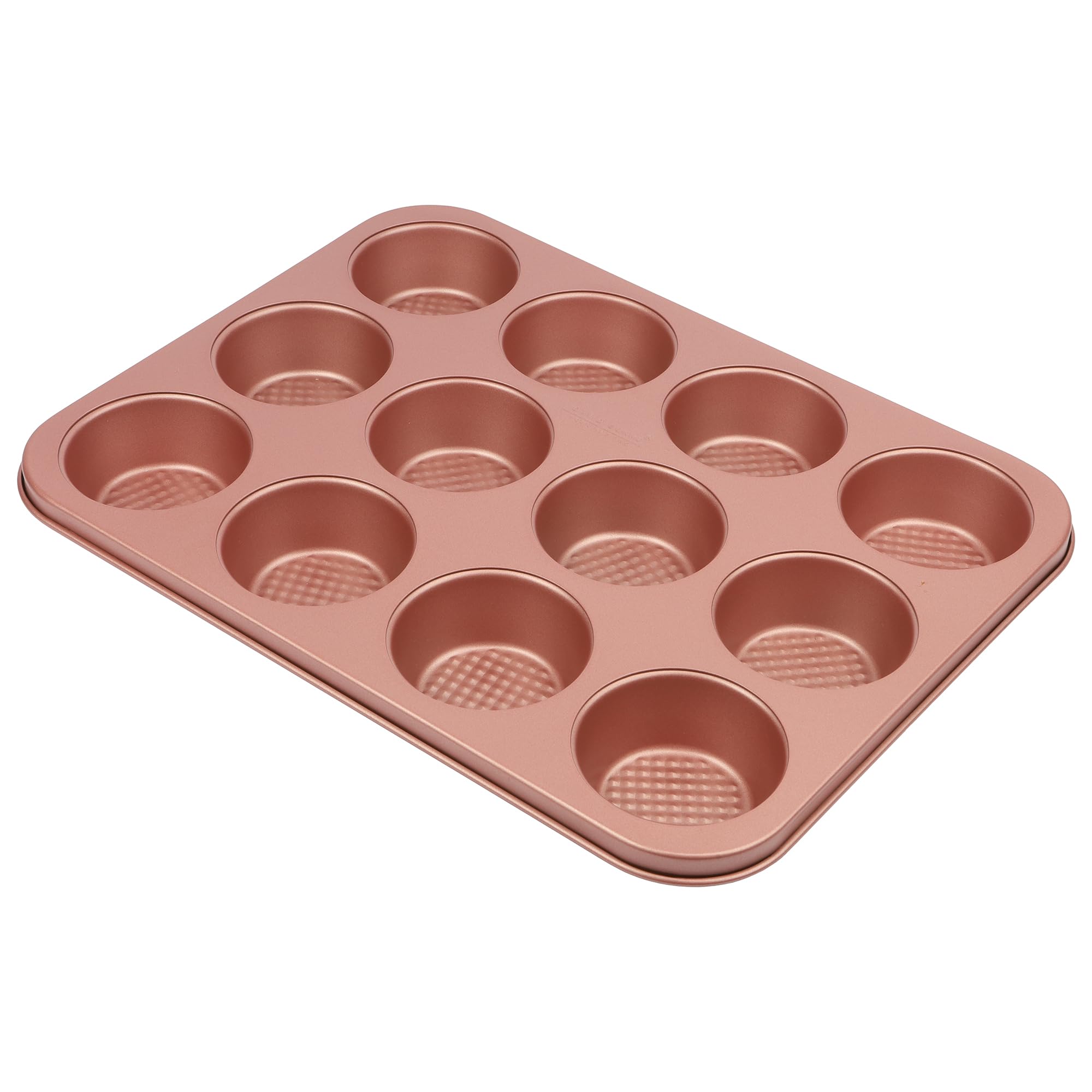 David Burke 12-Cup Muffin Pan, Carbon Steel, PFTE & PFOA Free, Oven Safe, Diamond Textured Surface - Rose Gold