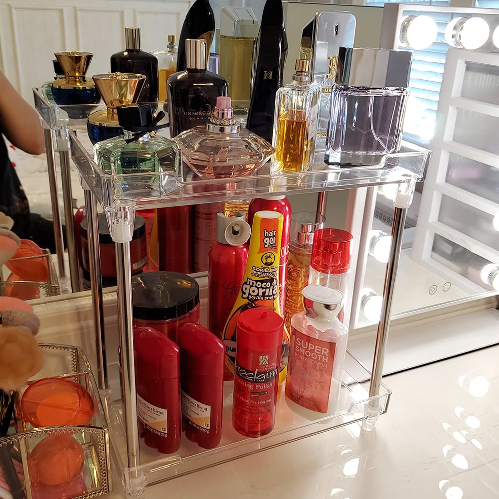 Afoobezos 2-Tier Storage Shelves, Multifunctionl Vanity Makeup Organizers, Clear Display Tray Caddy Stand For Bathroom Kitchen B