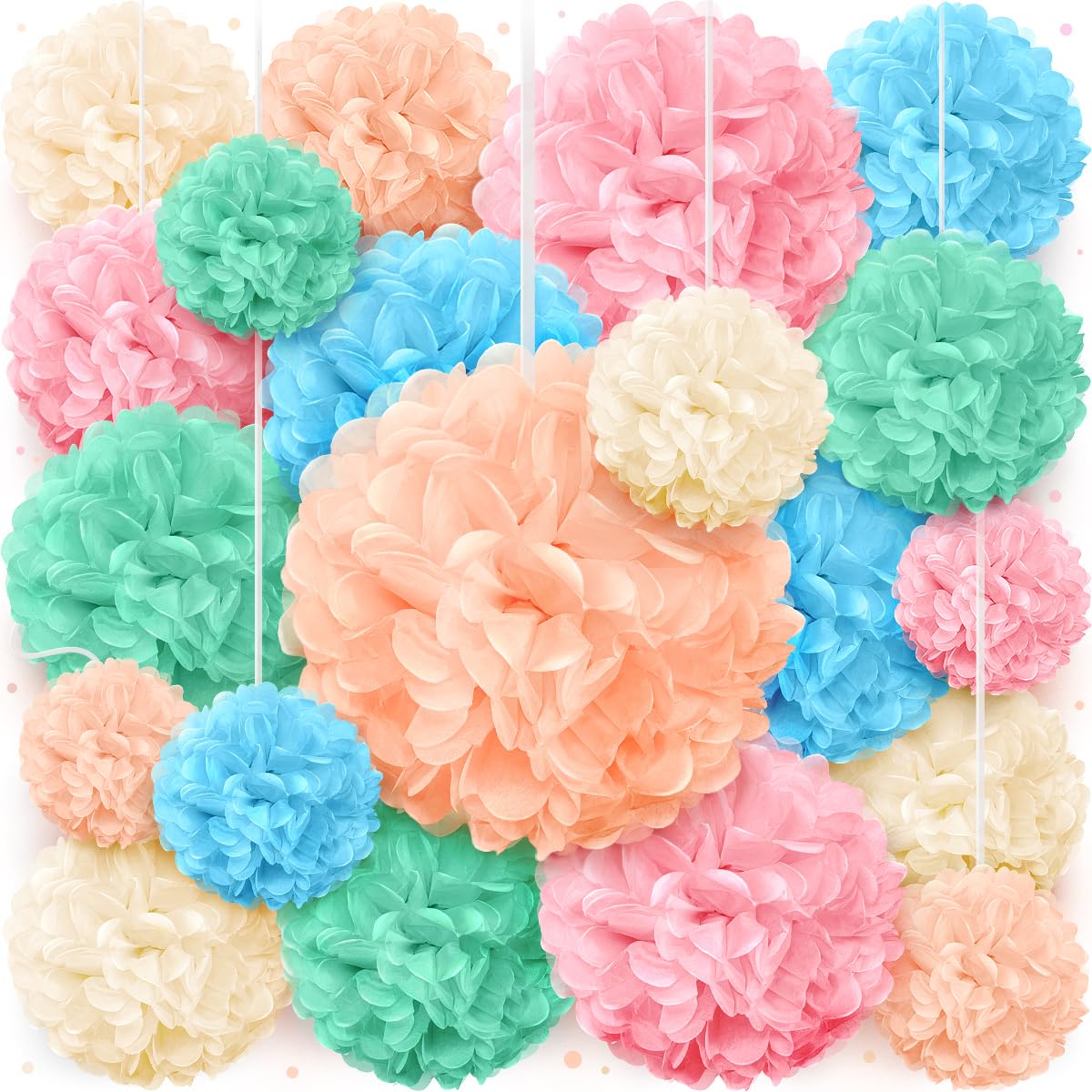 Avoseta Pastel Tissue Paper Pom Poms - Set Of 20 - Sizes Of 6'', 8'', 10'', 14'' - Paper Flower Party Decorations For Birthdays,