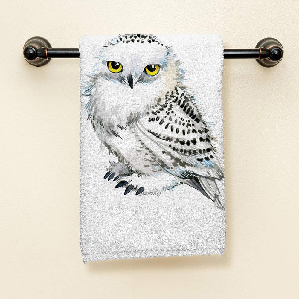 Hgod Designs Owl Hand Towels,Cute Watercolor Animal White Snowy Owl 100% Cotton Soft Bath Hand Towels For Bathroom Kitchen Hotel