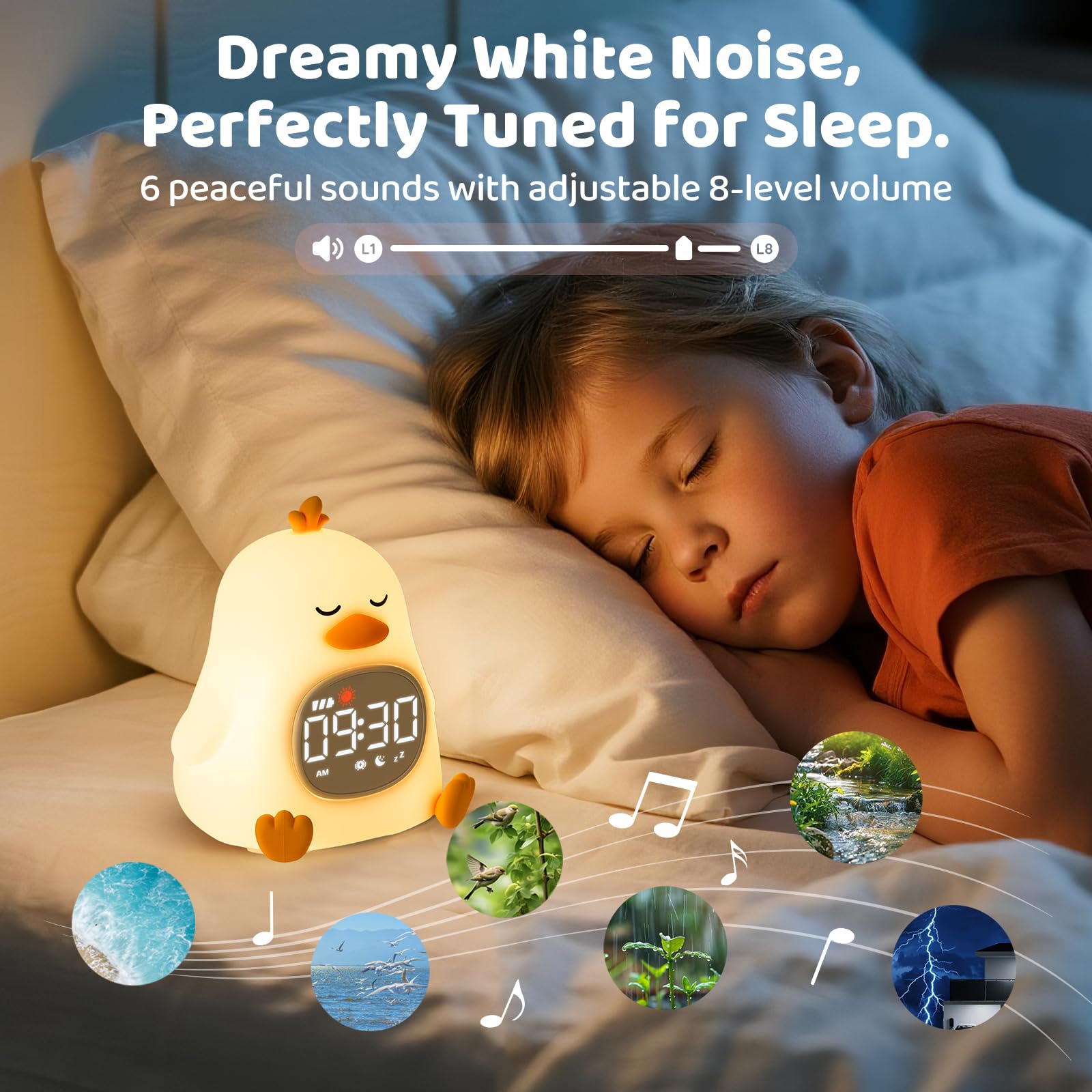 Sleepy Duck Alarm Clock with Night Light for Kids with Sleep Training and Sound Machine, Rechargeable Silicone Lamp OK to Wake C
