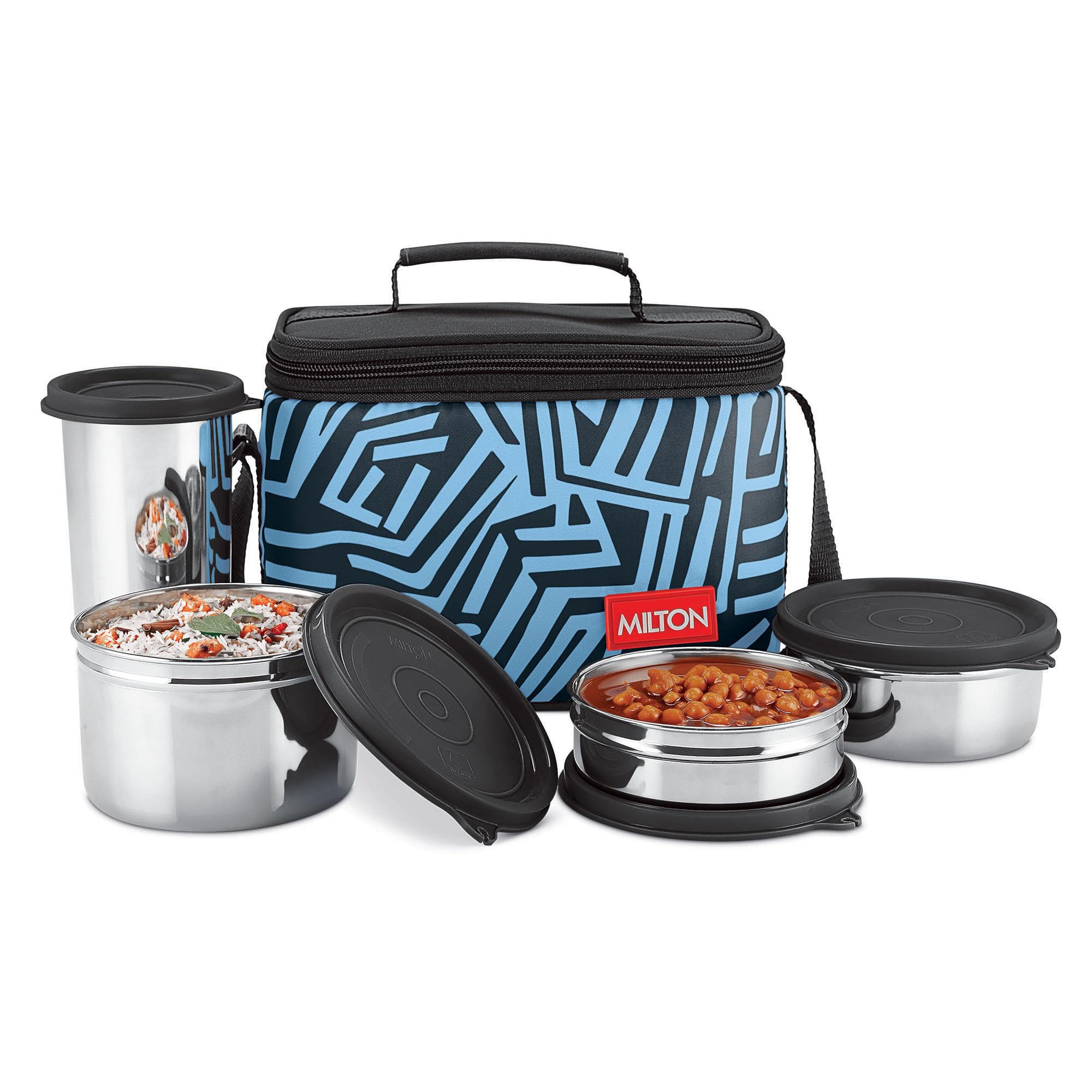 Milton Delicious Lunch Box With Insulated Fabric Jacket, 3 Stainless Steel Containers 210 Ml, 340 Ml, 500 Ml &Tumbler 380 Ml, Le