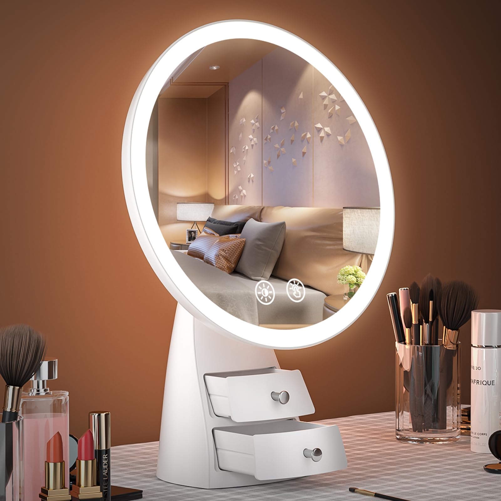 Kuflooq Lighted Makeup Mirror With Organizer, Rechargeable Tabletop Basics Makeup Mirror, Round Vanity Mirror With Lights, 3 Col