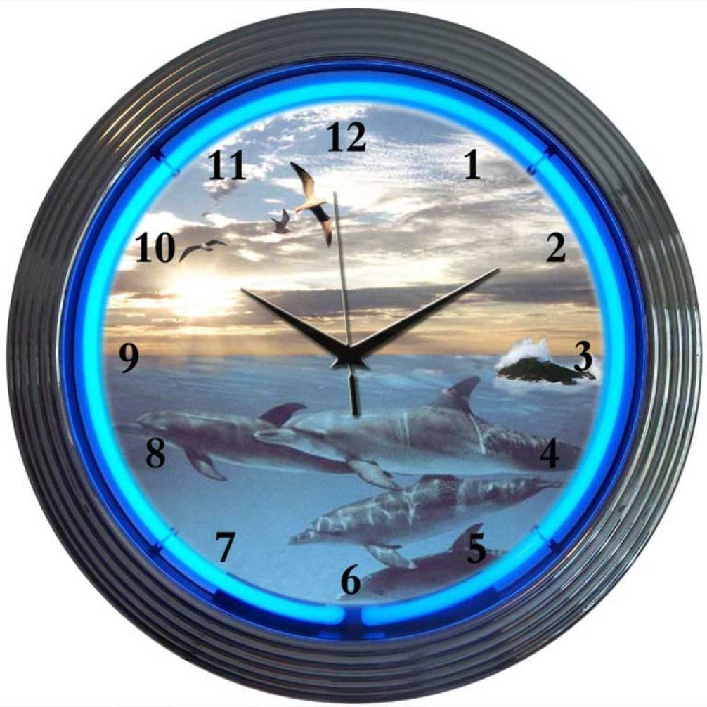 Neonetics Bar and Game Room Dolphins at Sea Neon Wall Clock, 15-Inch