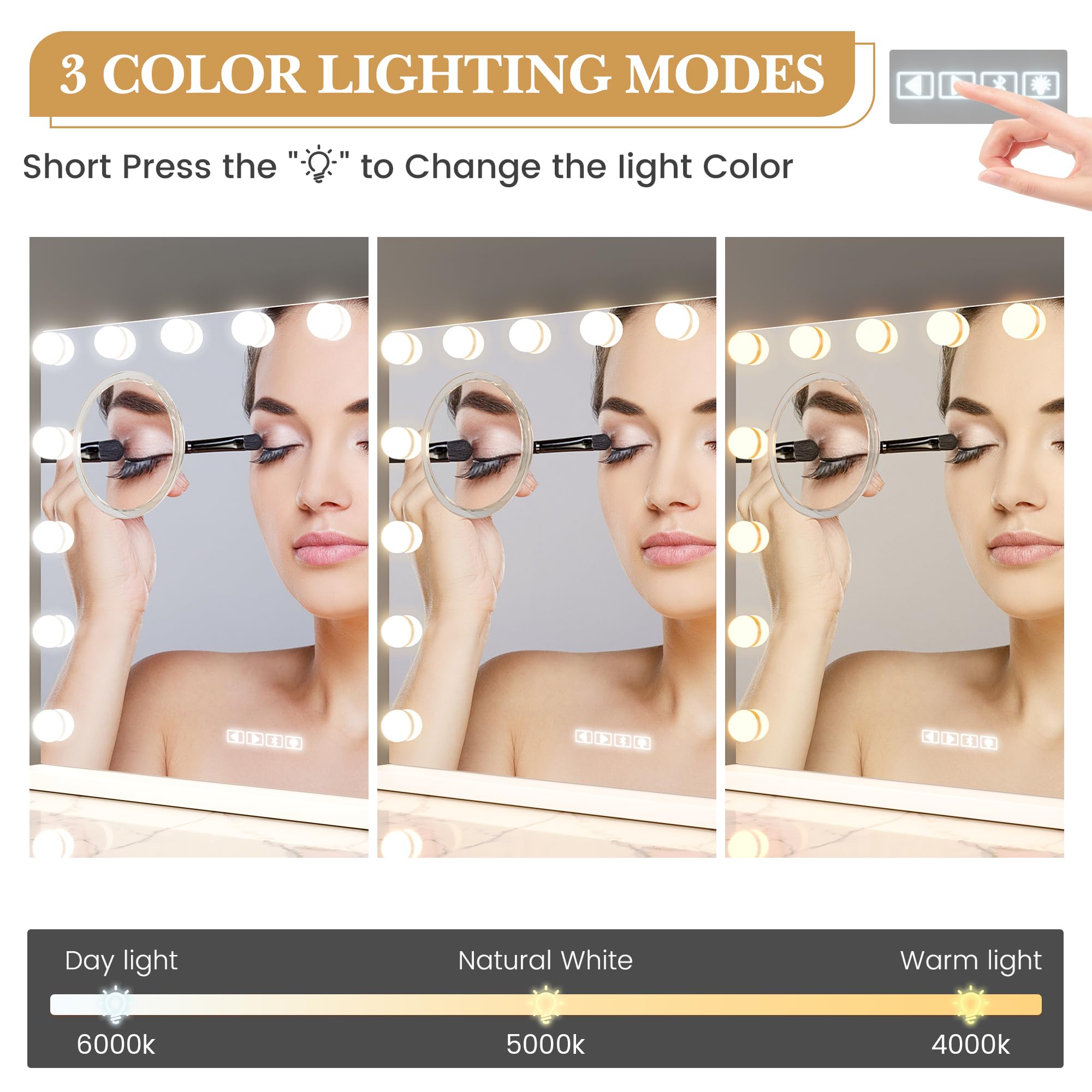 Vanity Mirror With Lights And Speaker, Lighted Vanity Mirror With 15 Led Bulbs, 3 Color Modes, Support Answer Call, Touch Screen