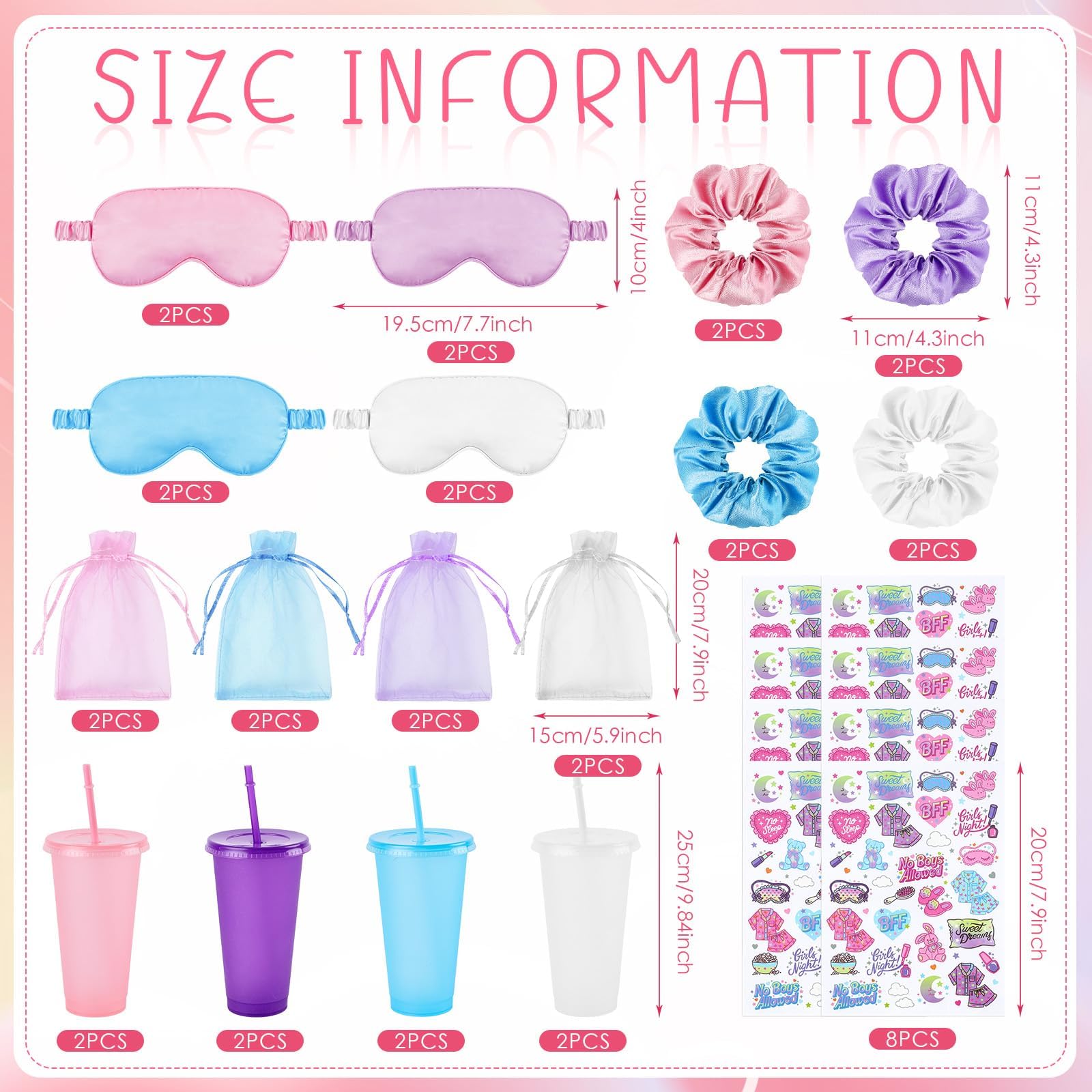 YLOLUL 36 Pcs Spa Sleepover Party Supplies for Girls Makeup Party Favor with 8 Eye Masks 8 Plastic Cups 8 Stickers 8 Hair Ropes