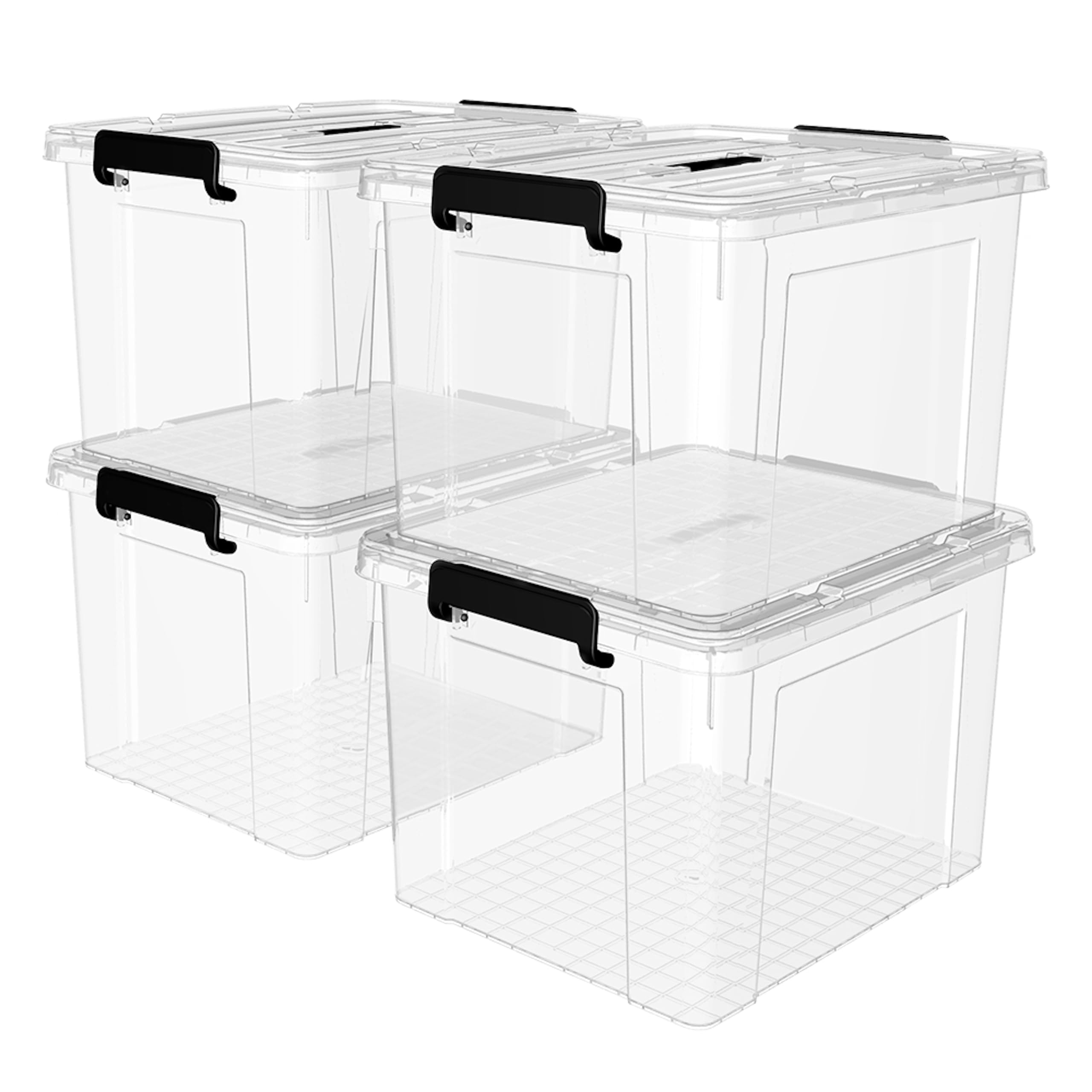 Cetomo Plastic Storage Bin Box Organizing Container With Lid And Secure Latching Buckles, Clear, 95Qt X 4, Pack Of 4