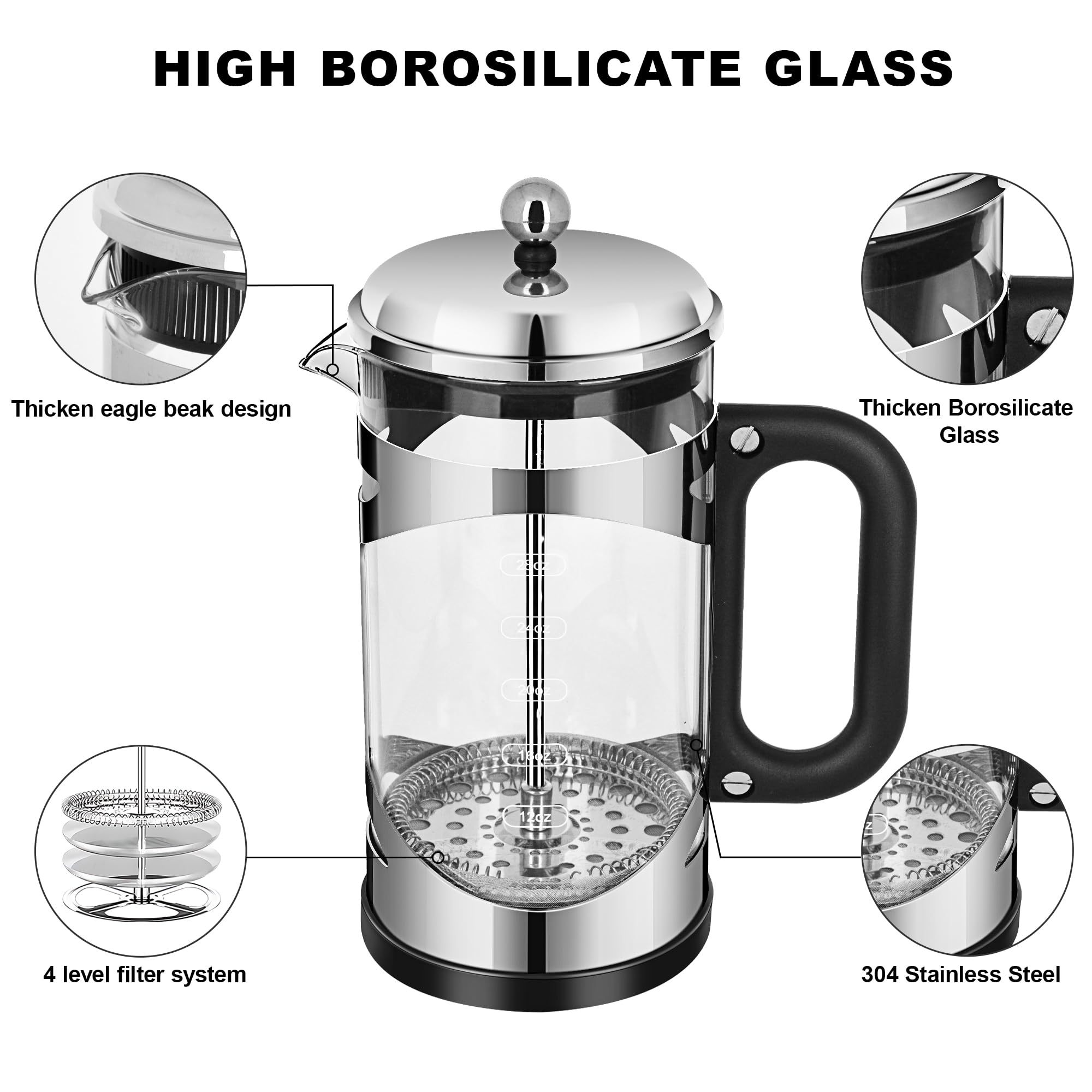 Ymmind 34 Ounce French Press Coffee Maker Chromium Stainless Steel Coffee Press, With 4-Level Filter System, Heat Resistant Thic