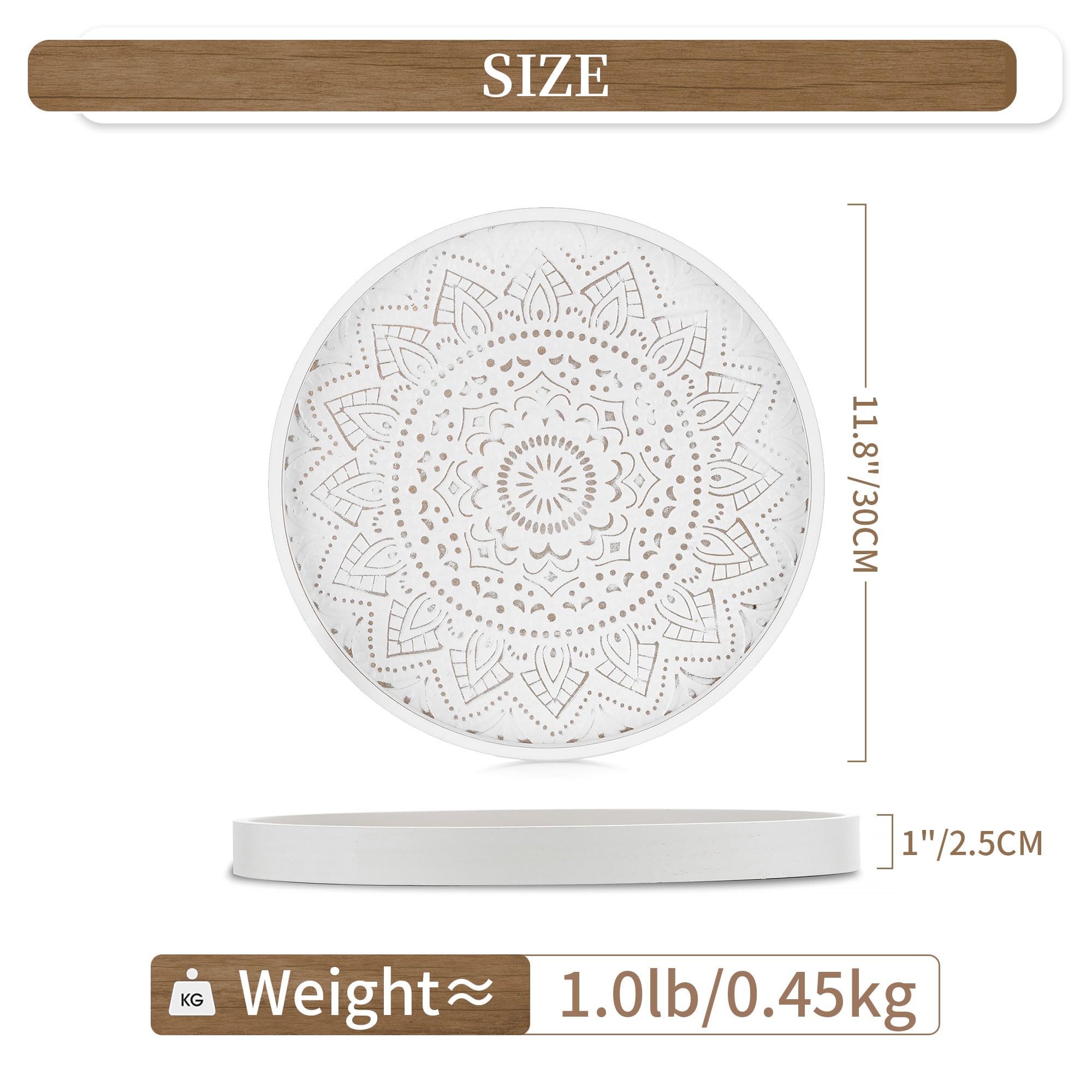 Hanobe Round Decorative Coffee Tray: Rustic White Table Tray Decor Farmhouse Centerpiece Wood Circle Tray Floral Serving Trays for Kitchen Counter Boho Ottoman Tray for Home