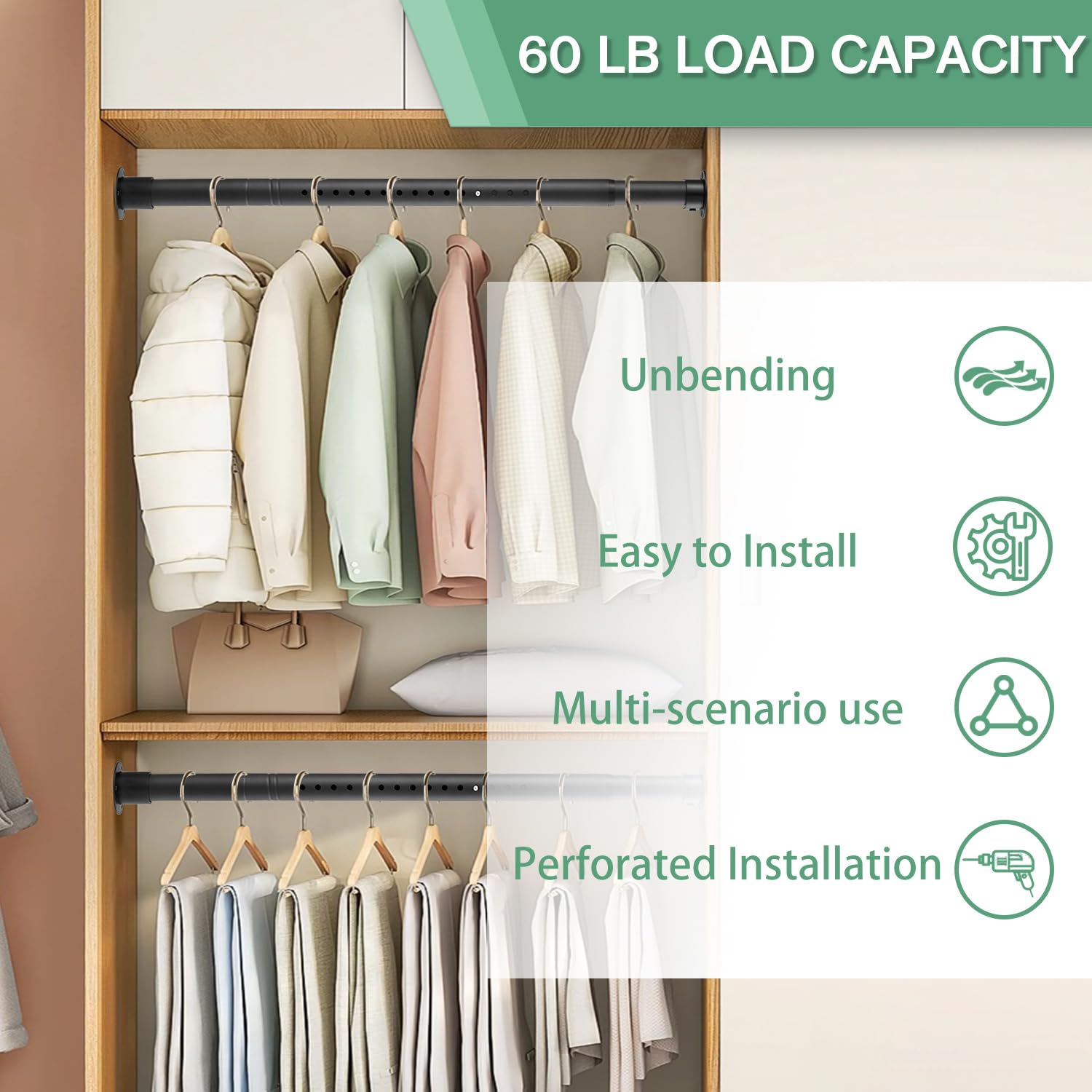 Closet Rod, 17 To 51 Inch 1.3 Inch Diameter Heavy Duty Adjustable Closet Rods For Hanging Clothes Heavy Duty Closet Hanging Rod