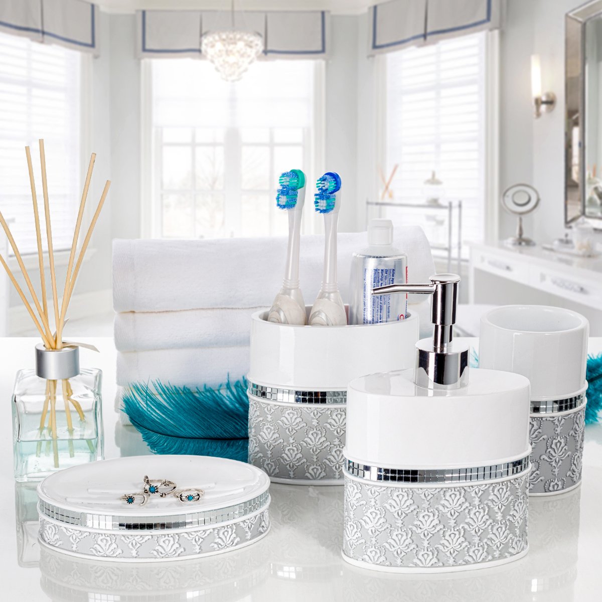 Creative Scents White And Gray Bathroom Accessories Set - 6 Piece Bathroom Accessory Set Includes: Trash Can, Tissue Box Cover,