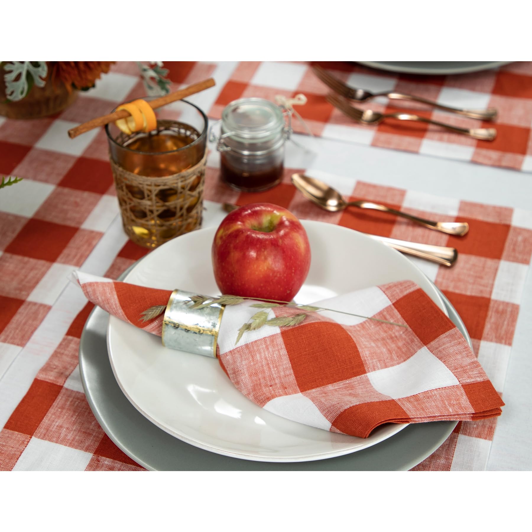Solino Home Buffalo Check Linen Napkins Set Of 4 - 100% Pure Linen Cinnamon And White Plaid Napkins 20 X 20 Inch - Machine Washa
