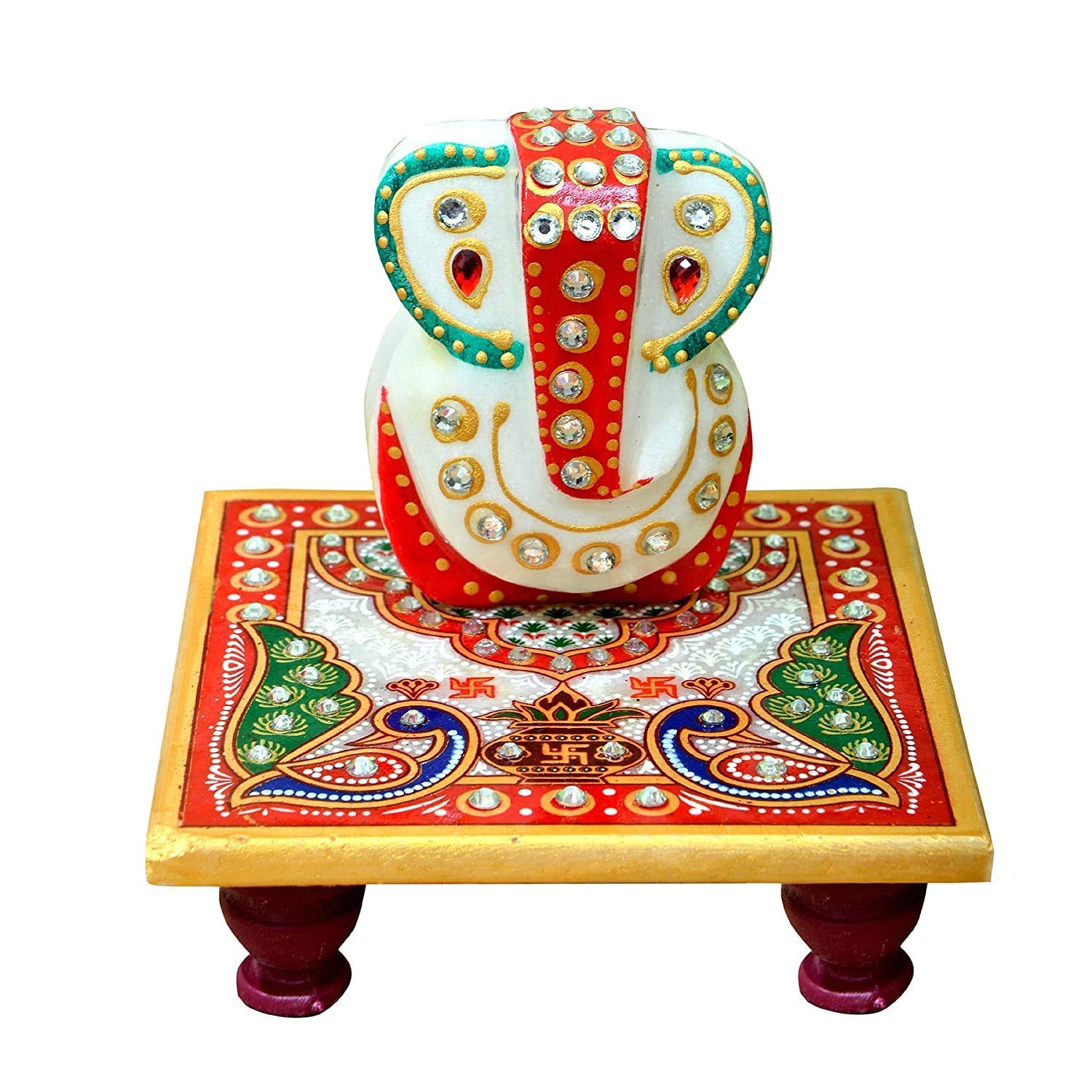 Benavji Marble Chowki With Ganesha Idol Hand Painted Ganesh Marble Base Home Decor Traditional Decorative Gift Pooja Wedding Sho