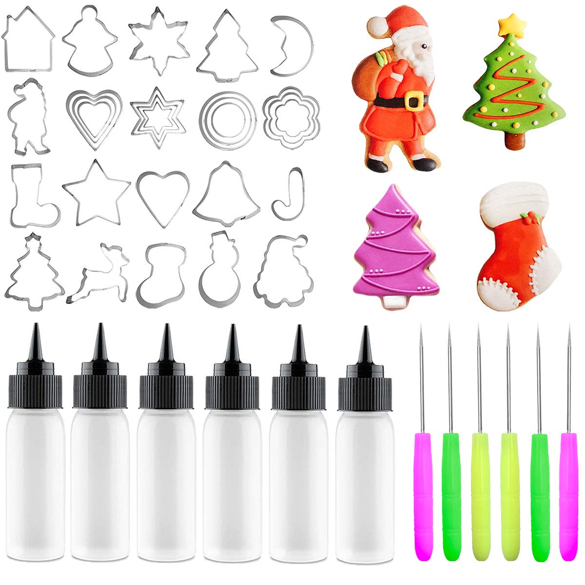 Artcome 40Pcs Christmas Cookie Decorating Tool Set, 28Pcs Cookie Cutters, 6Pcs Easy Squeeze Write Bottles And 6Pcs Sugar Stir Ne