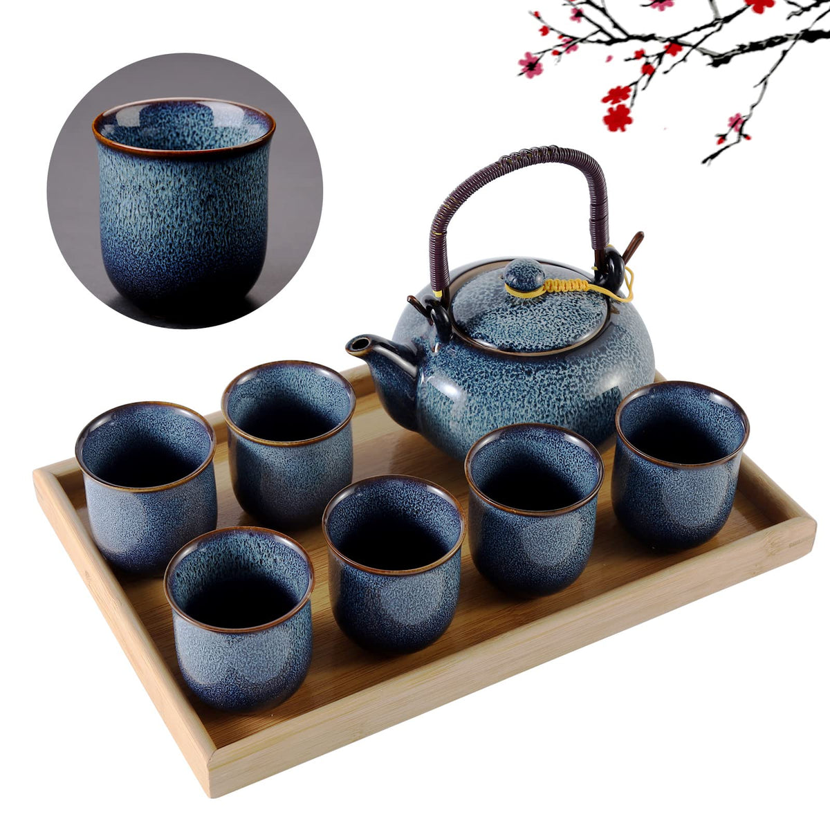 Dujust Japanese Tea Set For 6, Kiln Altered Glaze Porcelain Tea Set With 1 Teapot, 6 Tea Cups & 1 Tea Tray, Unique Chinese Tea S