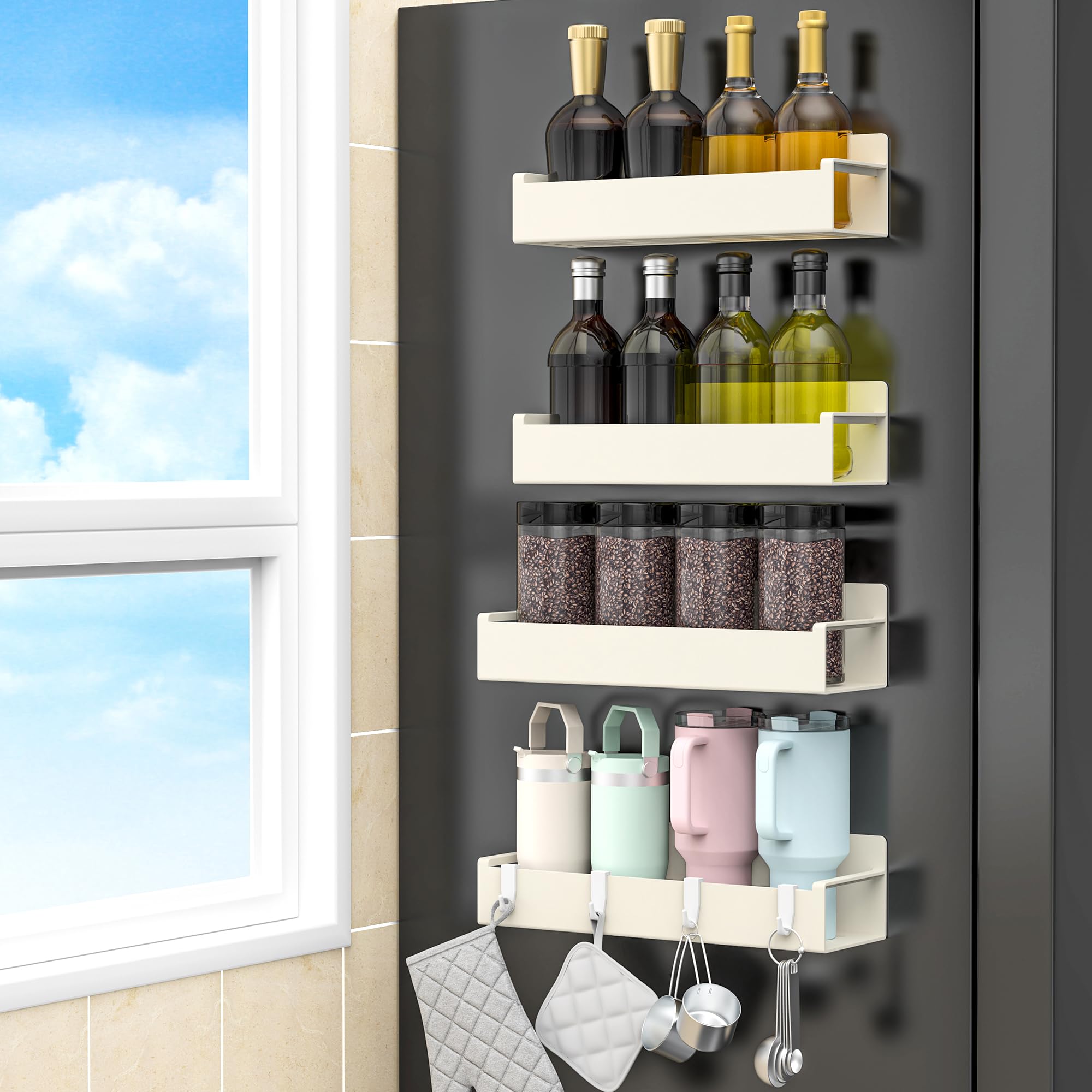 HuggieGems 4 Pack Magnetic Spice Rack Organizer for Refrigerator and Oven, Cream White Fridge Organizers and Storage for Kitchen