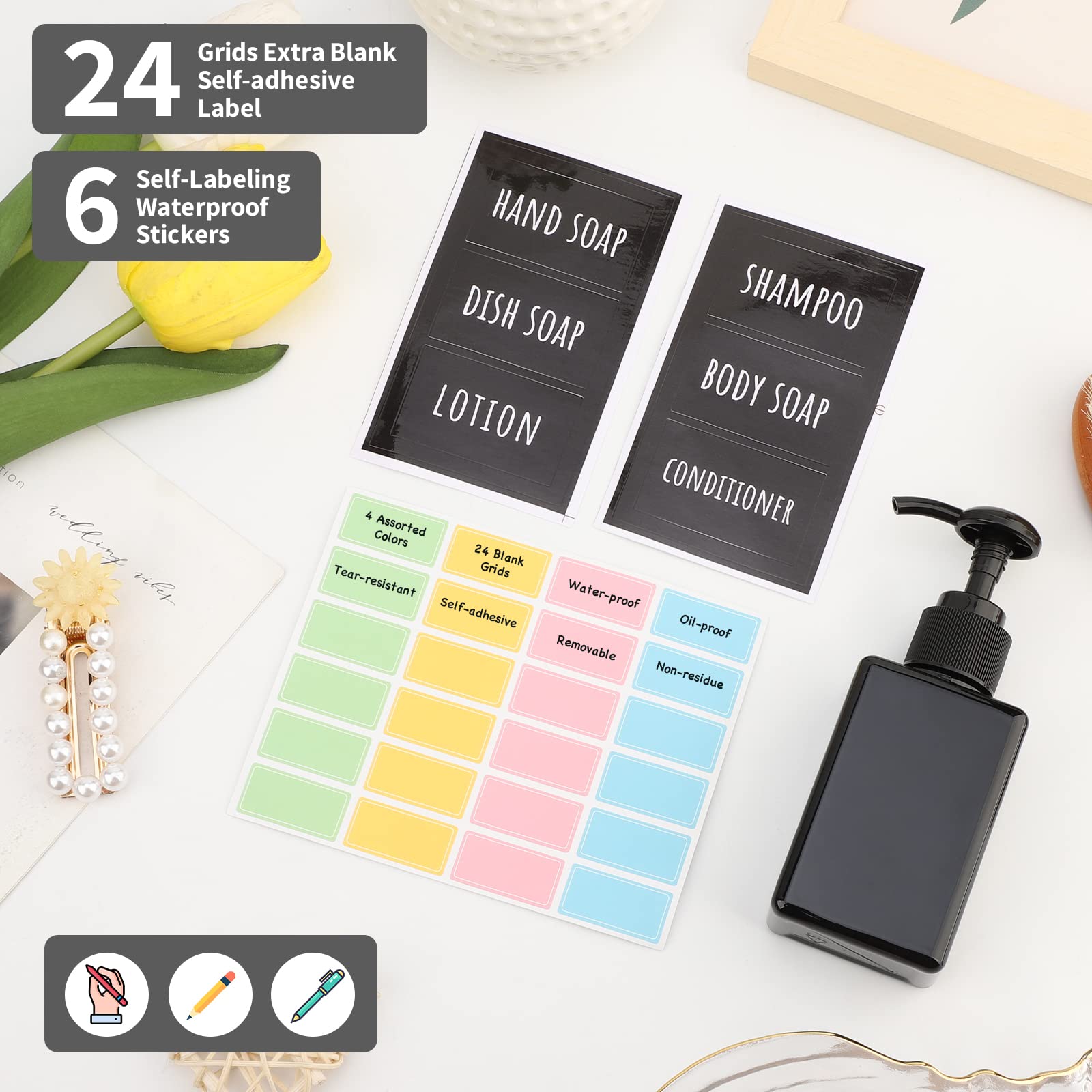 Segbeauty Black Plastic Square Shower Dispenser, 4Pcs 3.4Oz Empty Hand Soap Bottles With Label, 100Ml Refillable Press Pump Port