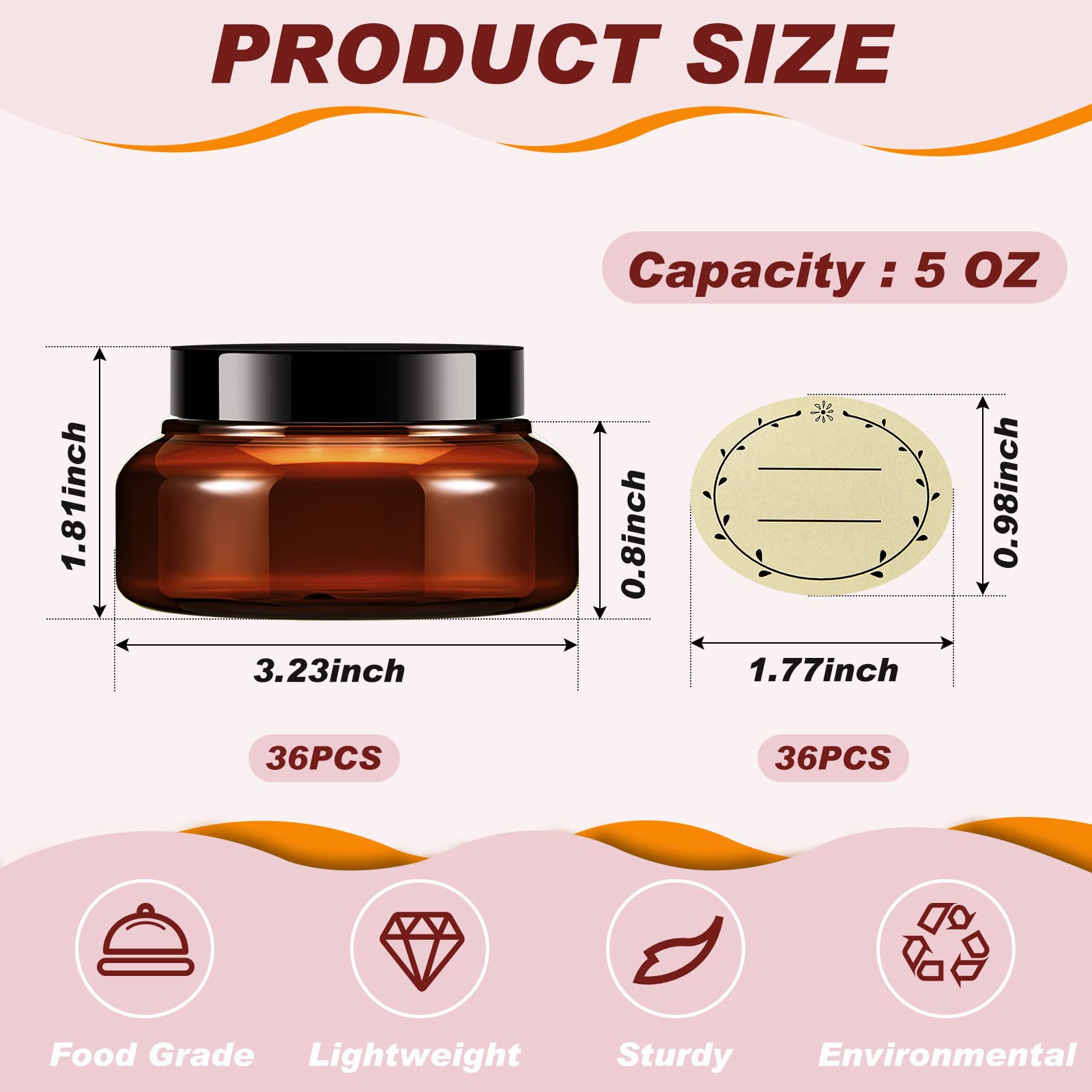 36 Pack 5 oz Plastic Containers with Lids  Labels  Round Plastic Jars with Lids Empty Refillable Cosmetic Containers for Lotion  Cream  Ointments  Rhinestone  Travel Storage (Amber)