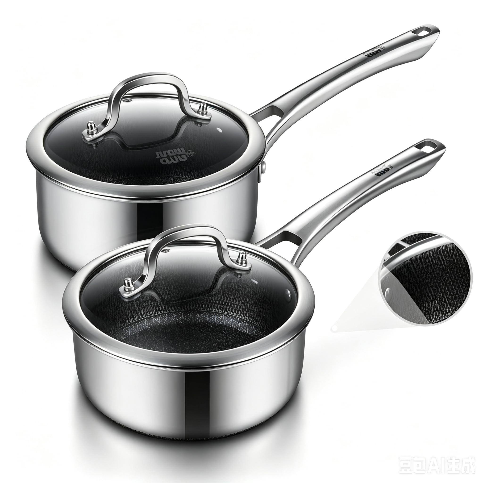 Sauce pan with lid,1.1Quart & 2.1 Quart Hybrid Nonstick Sauce pans set, Stainless Steel Saucier cookware,non stick Pots PFOA Fre