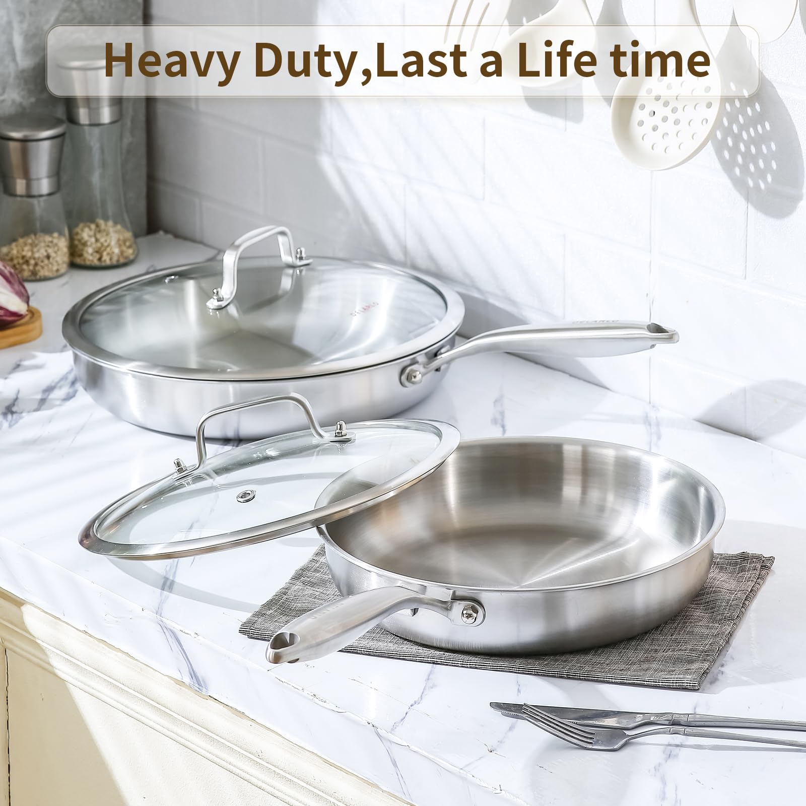 Delarlo Tri-Ply Stainless Steel Pan, 12 Inch Frying Pan With Lid, Compatible With All Cooktops Up To 600?, Fast & Even Heat, Ski