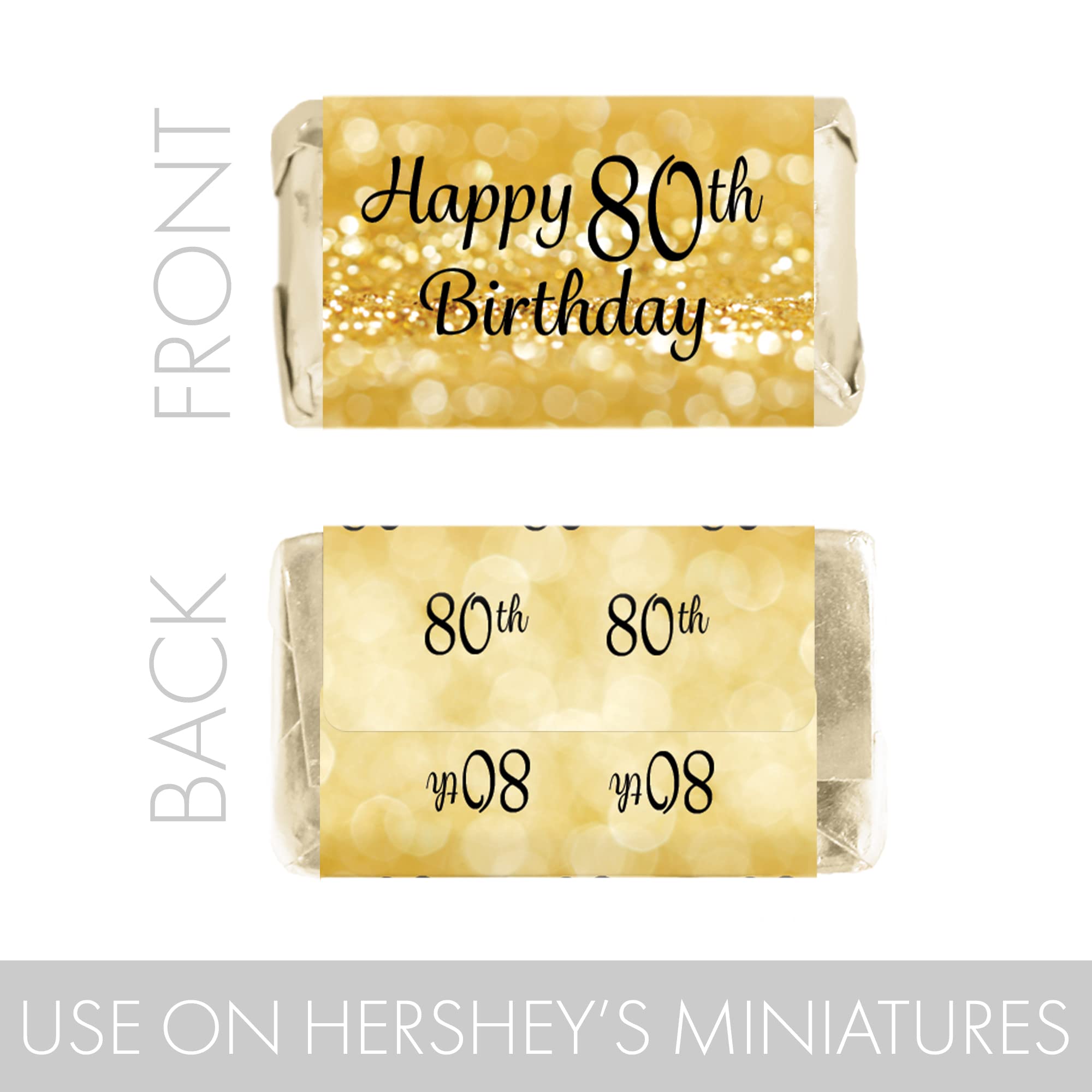 80Th Birthday Party Mini Candy Bar Wrappers - Black And Gold - 45 Stickers