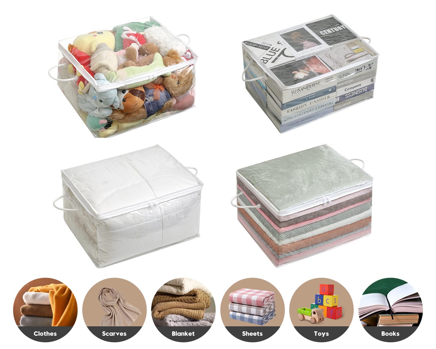 Remittur 10 PCS Clear Zippered Storage Bags with Handle, Sweater Storage with Zipper, Foldable Closet Organizer Bed Sheet Organi