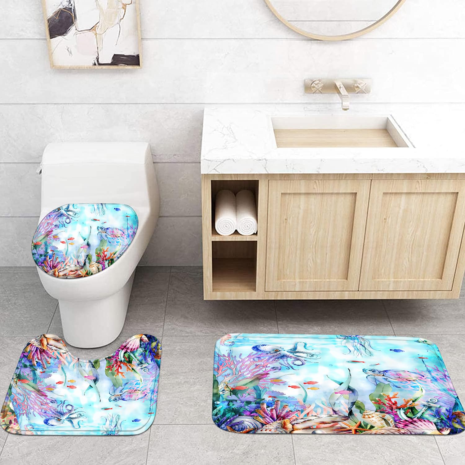 Pretyw 4-Piece Blue Ocean Seaworld Shower Curtain Set Marine Life Bathroom Set With Shower Curtain And Rugs, Octopus Turtle Cora