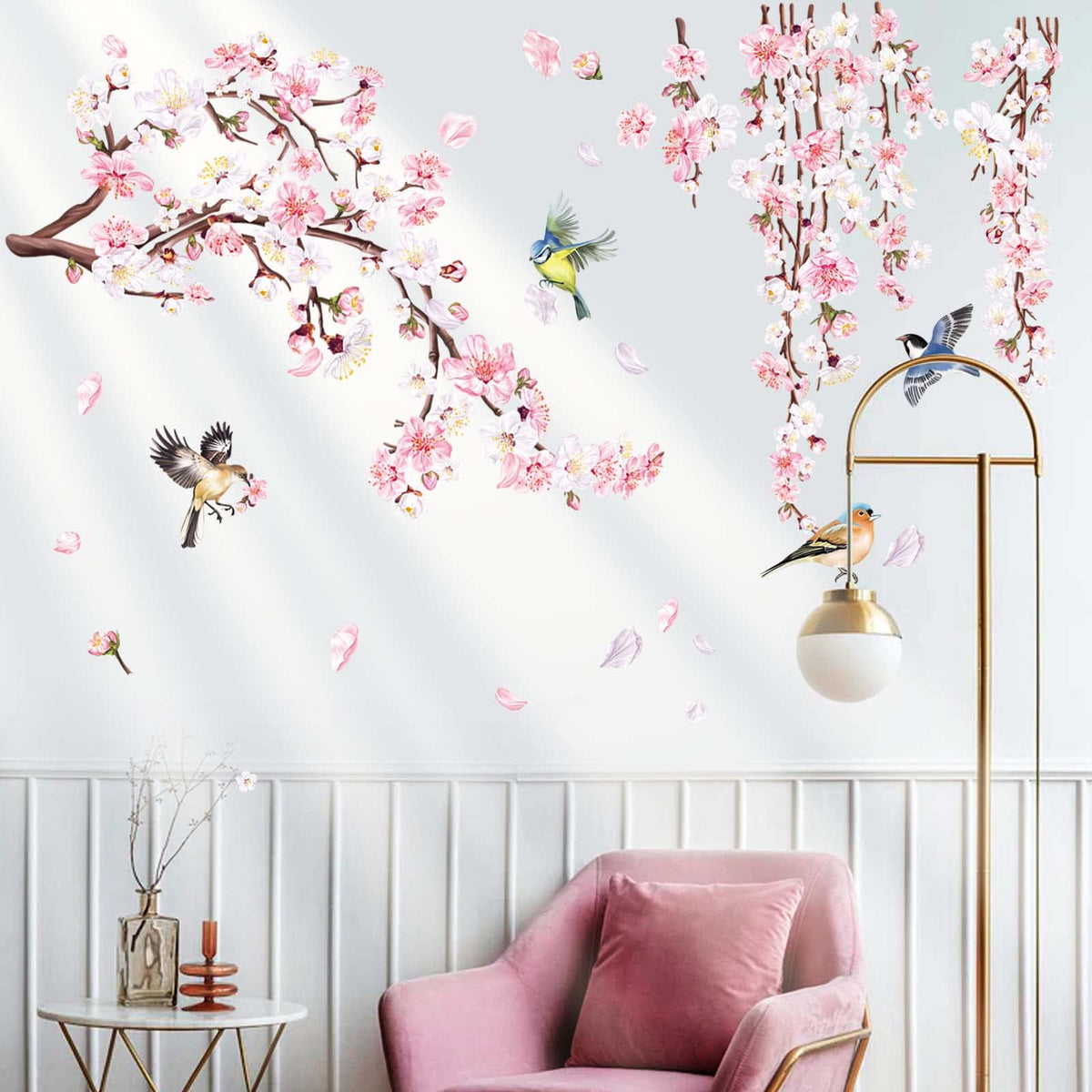 Decalmile Cherry Blossom Branch Wall Stickers Pink Flower Birds Wall Decals Bedroom Living Room Tv Wall Home Decor
