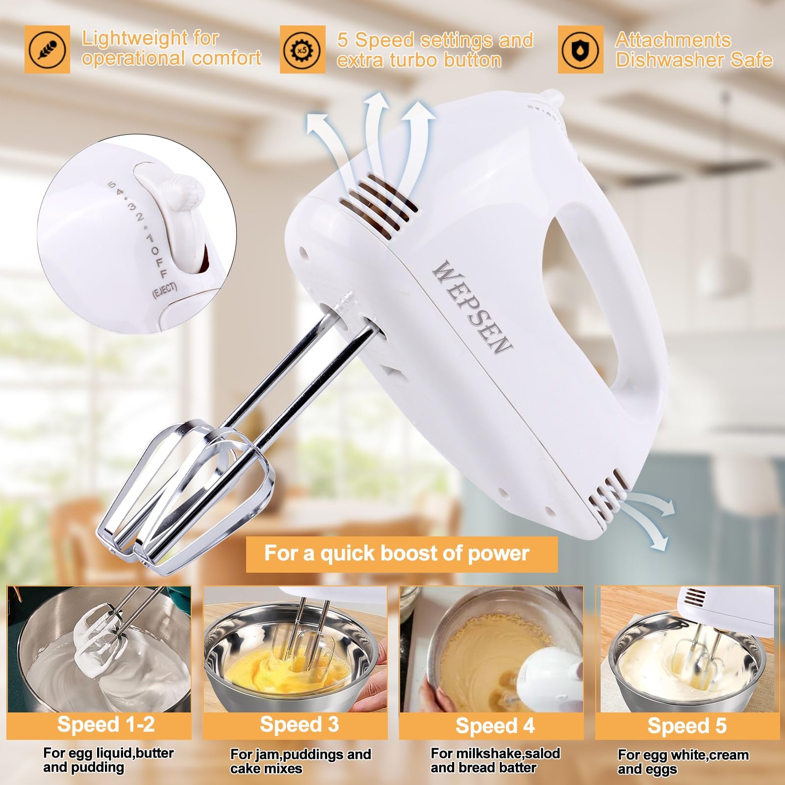Wepsen Hand Mixer Electric Mixing Bowls Set, 5 Speeds Handheld Mixer With 4 Nesting Stainless Steel Mixing Bowl, Measuring Cups