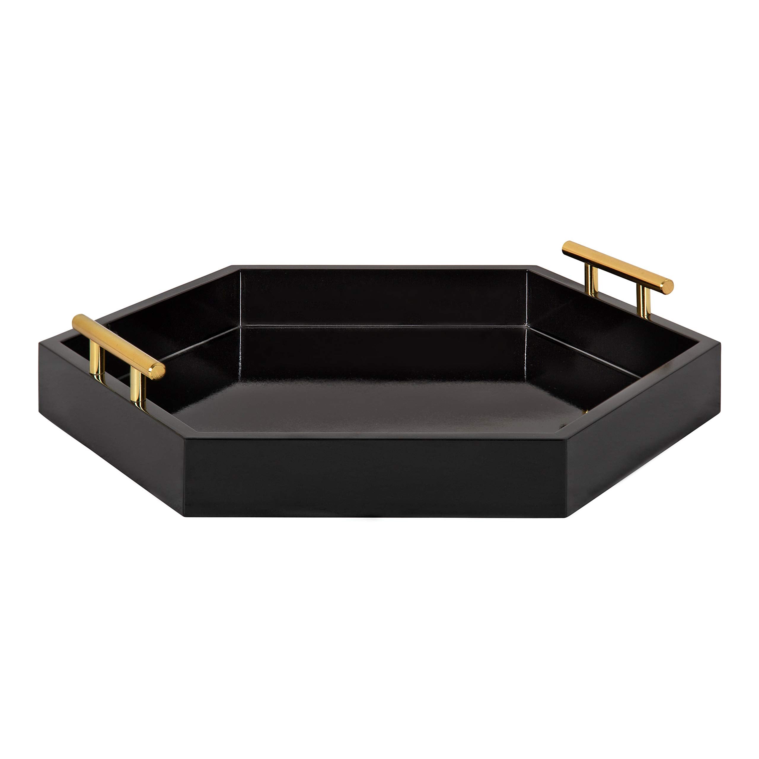Kate and Laurel Lipton Modern Hexagon Decorative Tray, 18 x 18, Black with Gold Metal Handles