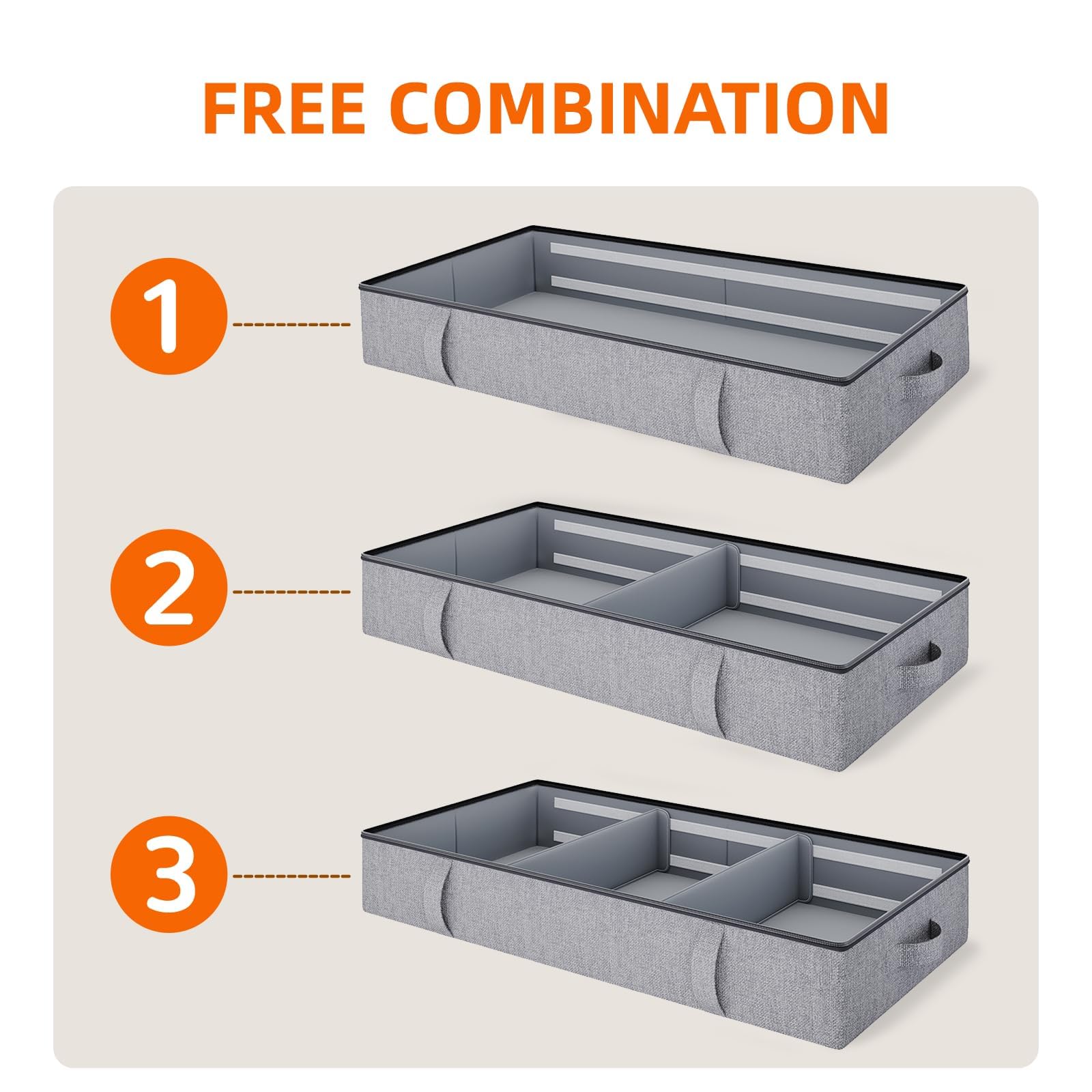 Vailando Under Bed Storage, 2 Pack Under Bed Storage Containers with Dividers, Firm Sides, Strong Zipper, 3 Handles, 6 Inches He