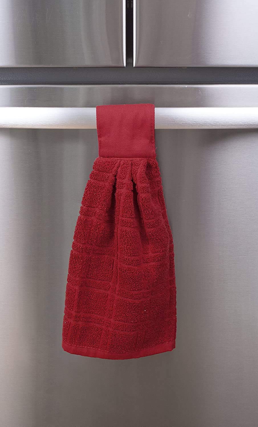 Kovot Set Of 2 Cotton Hanging Tie Towels | Include (2) Hanging Towels That Latch With Hook & Loop (Red)