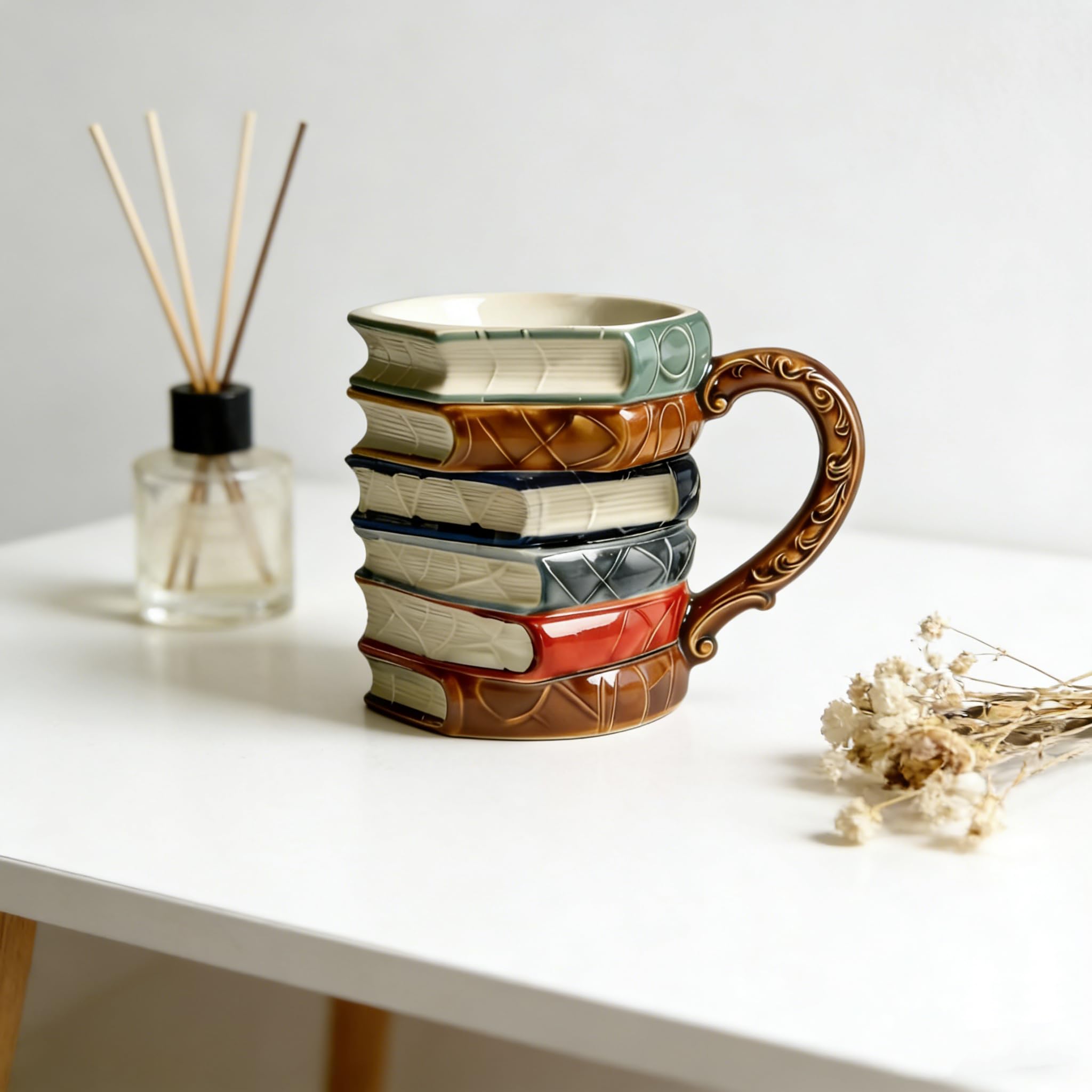 Stacked Book Shaped Ceramic Coffee Mug, 3D Painted Novelty Cup, Unique Gift for Book Lovers, Colorful Literary Design (wucai)