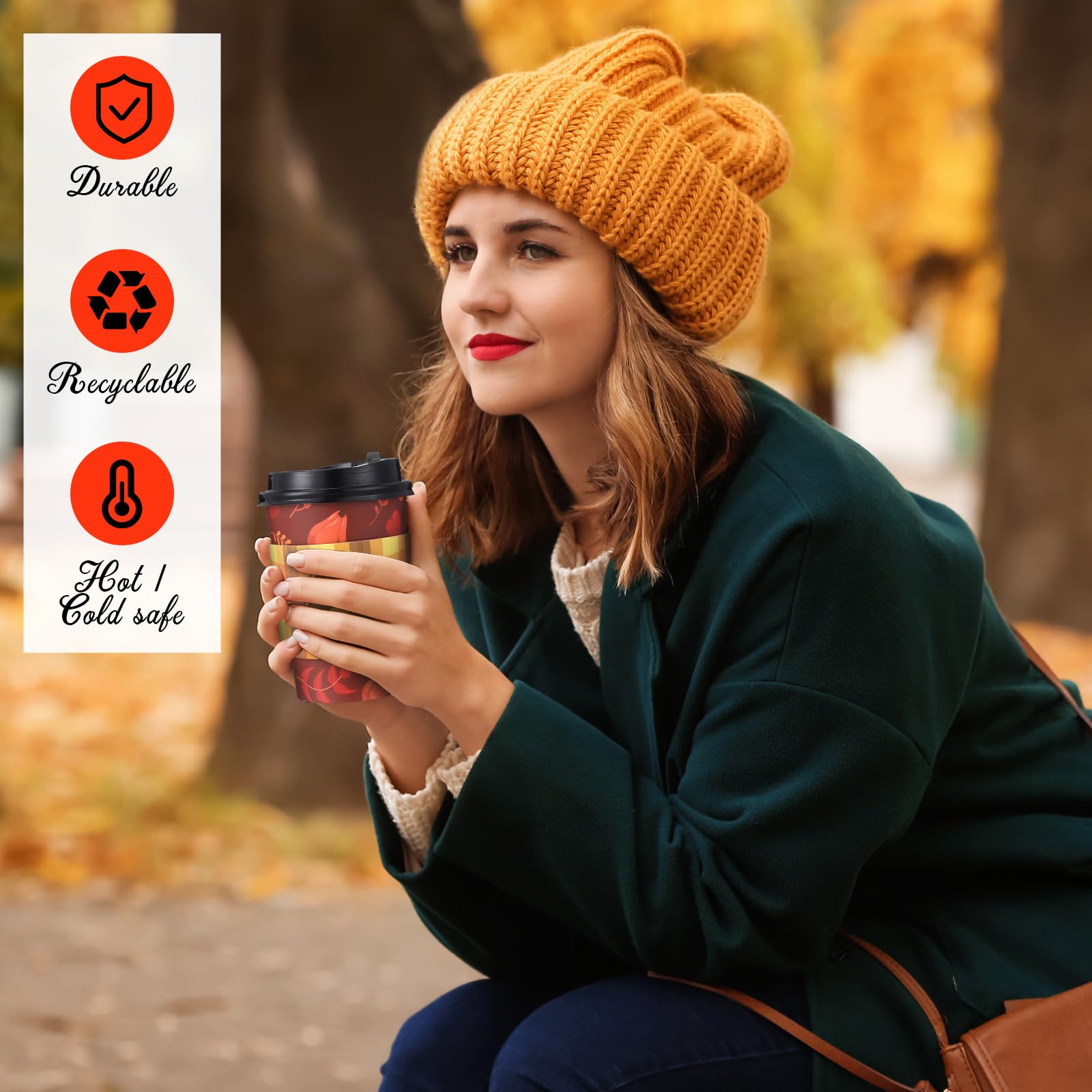 Lallisa 100 Pack 12 oz Fall Disposable Coffee Cups Bulk Thanksgiving Paper Coffee Cups with Lids and Sleeves for Autumn Thanksgi