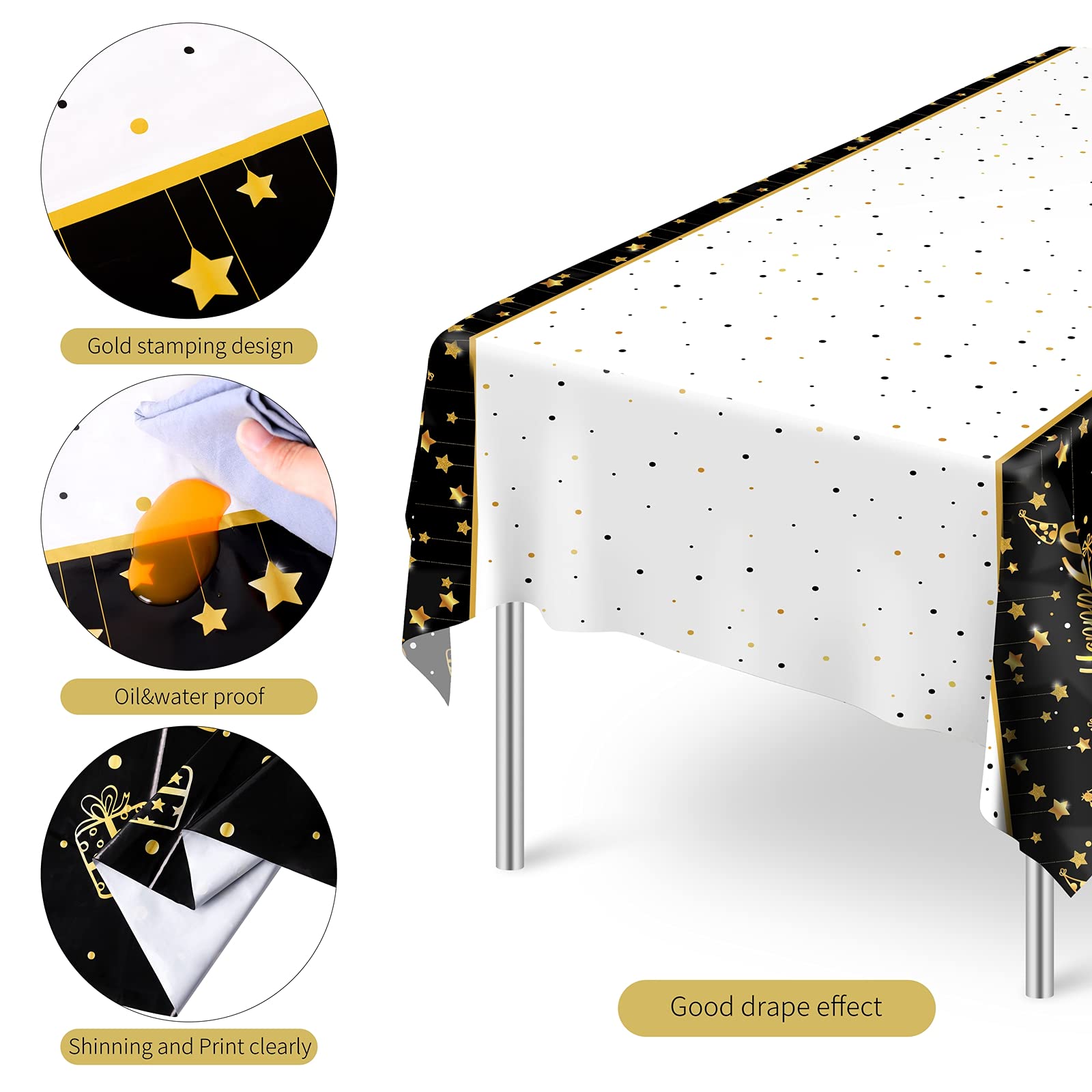 Ruisita 2 Pack Black Gold Table Cloth Cover Happy 60Th Birthday Tablecloth Party Tablecloths Rectangular Table Cloth Cover For I